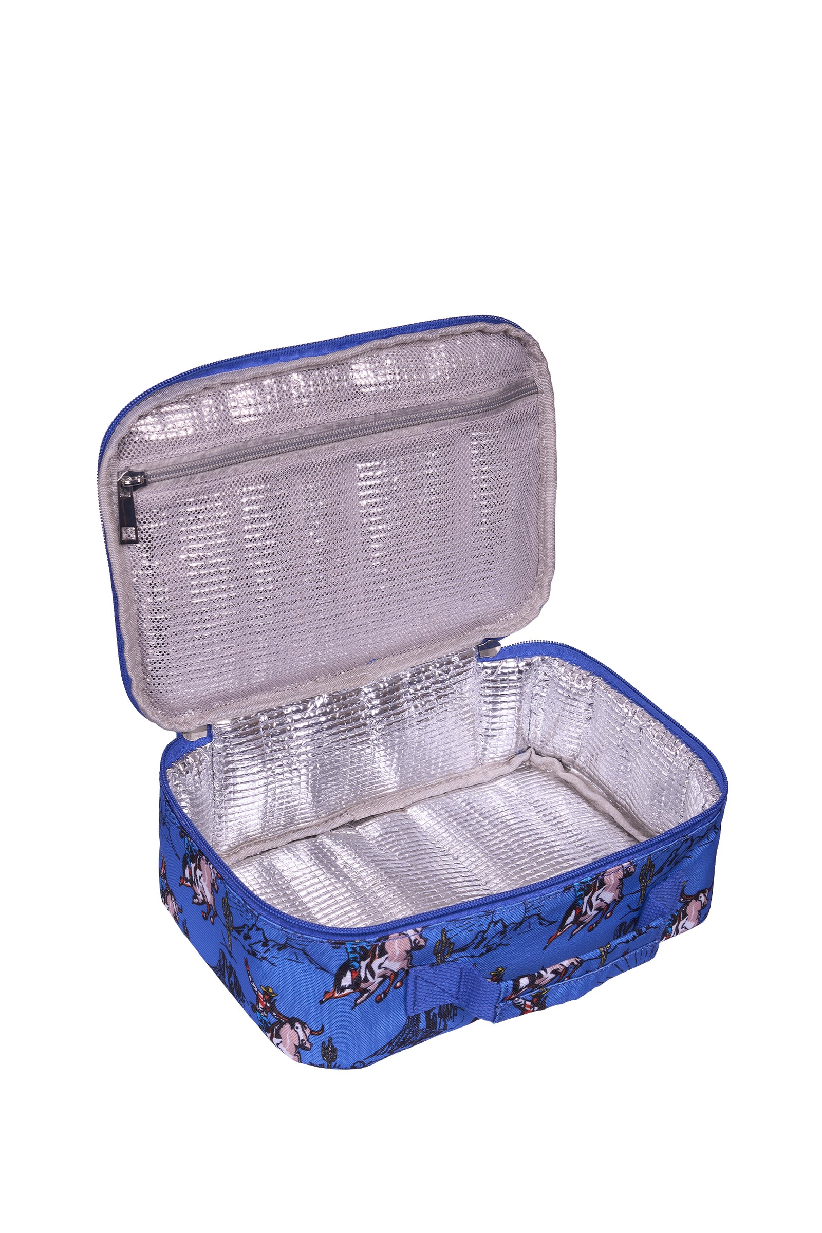 An open blue insulated lunch bag with a silver reflective lining and a floral pattern on the exterior, shown against a plain white background.