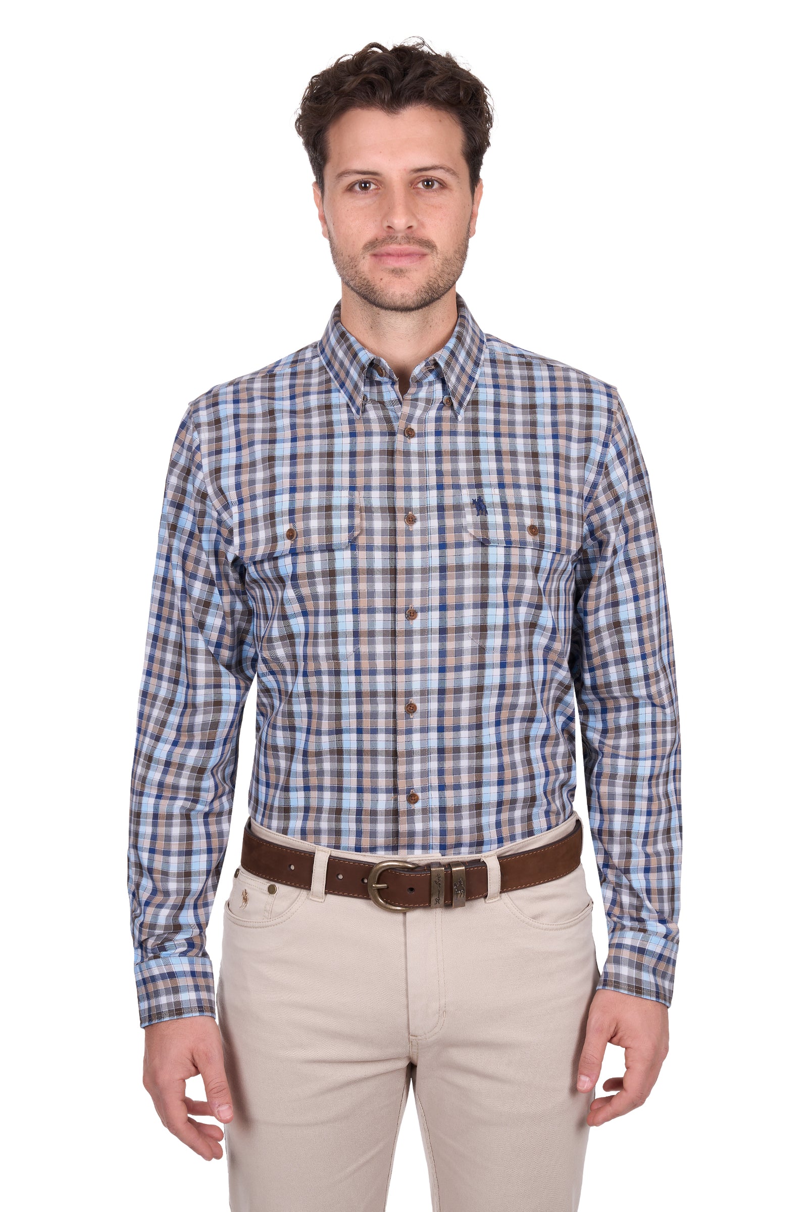Man wearing a plaid shirt and beige pants on a white background