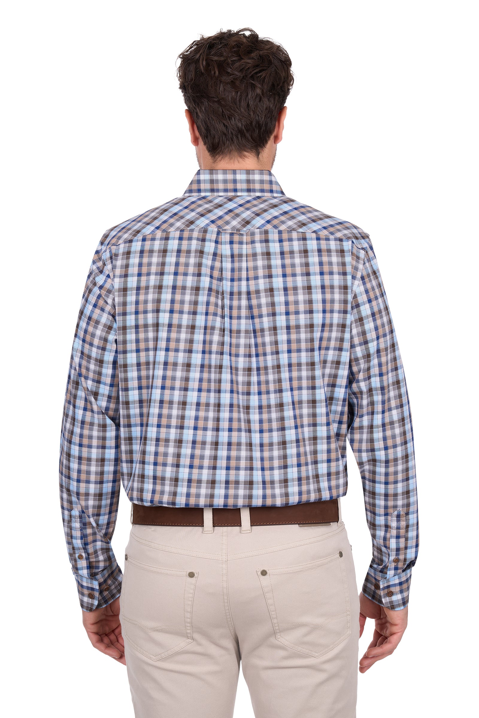Man wearing a plaid shirt and beige pants on a white background