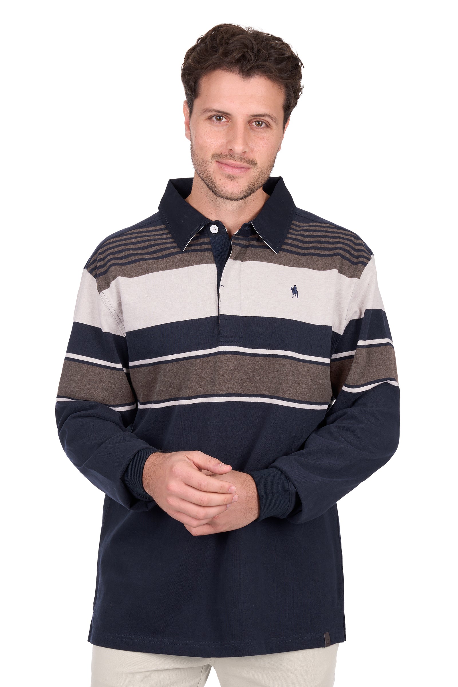Man wearing a striped rugby shirt with a visible brand logo on a white background