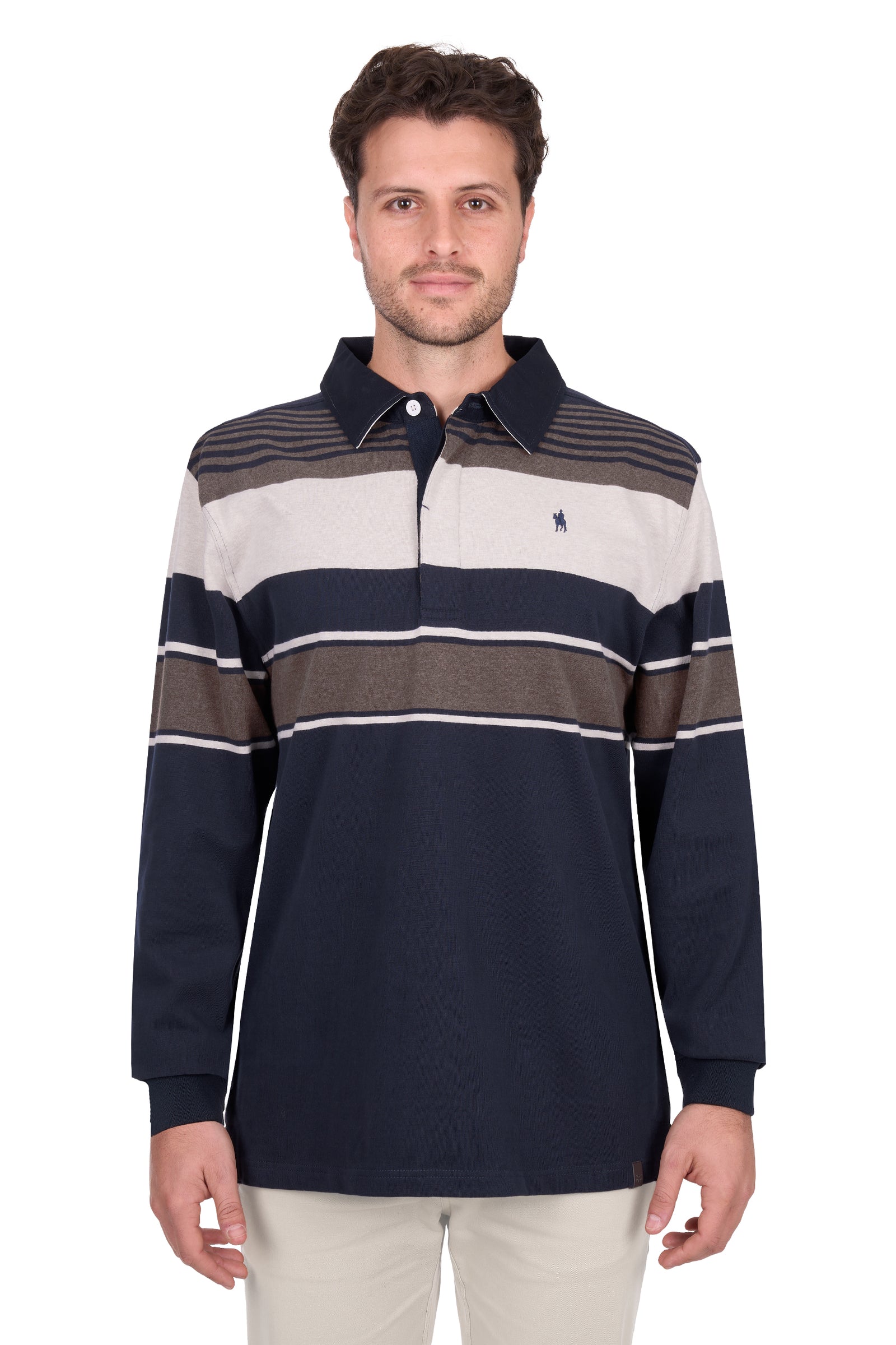 Man wearing a striped long-sleeve shirt with a brand logo on a white background