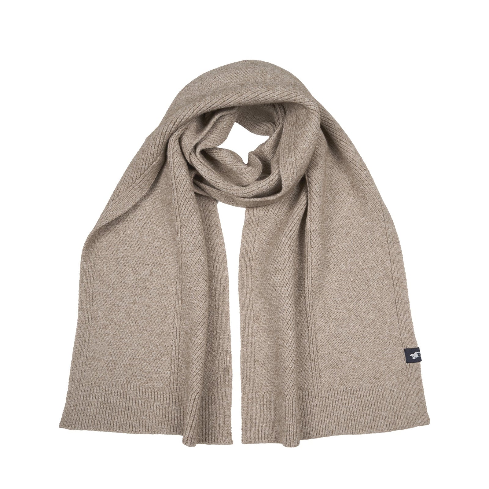 Beige scarf with a brand label on a white background