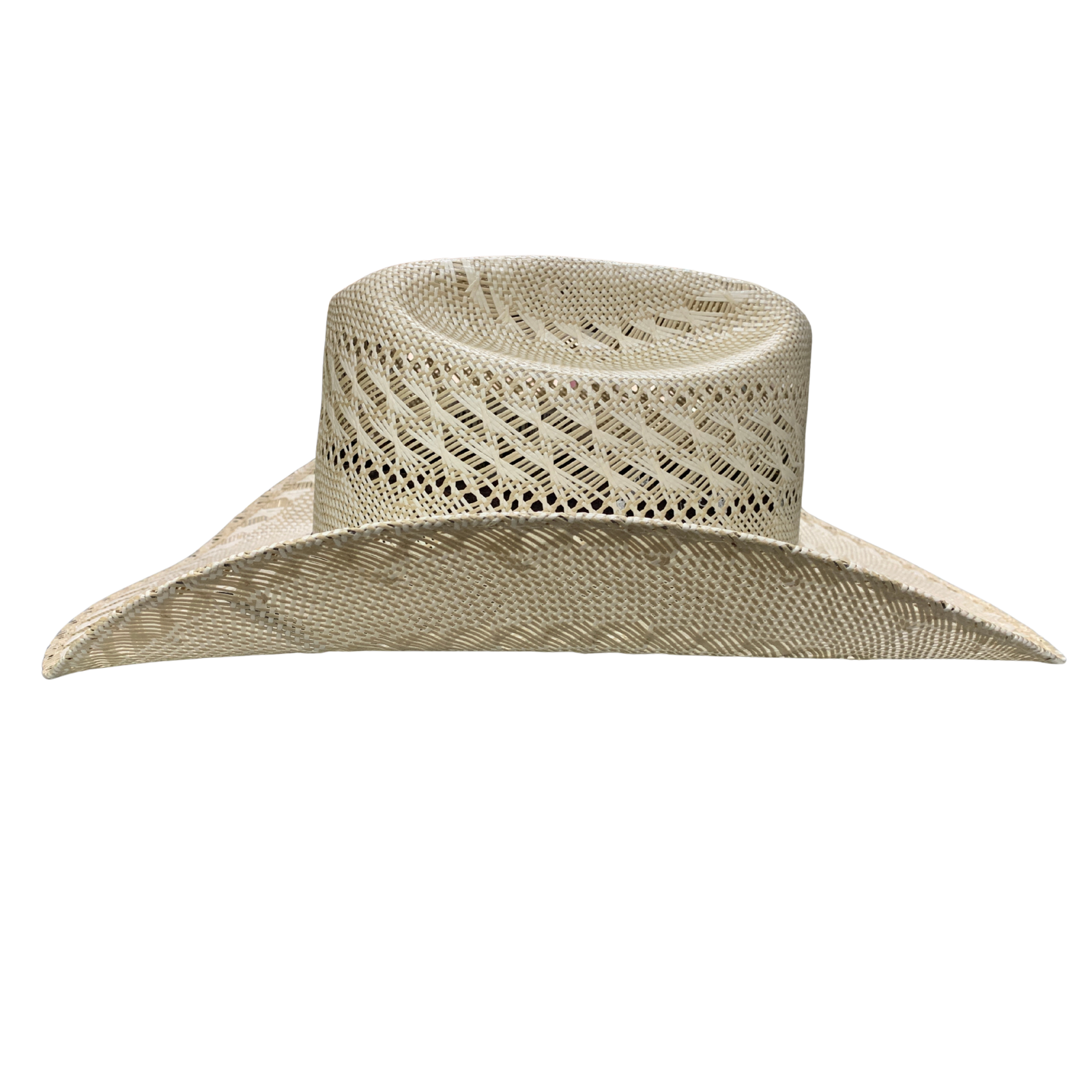 Beige straw hat with a wide brim on a white background