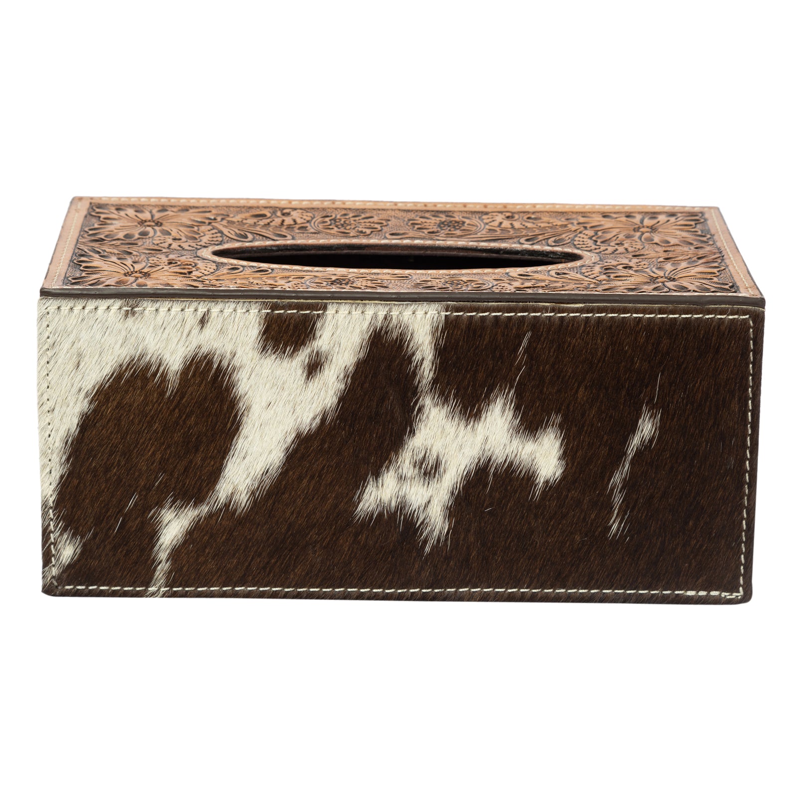Tissue box cover with cowhide pattern and decorative top