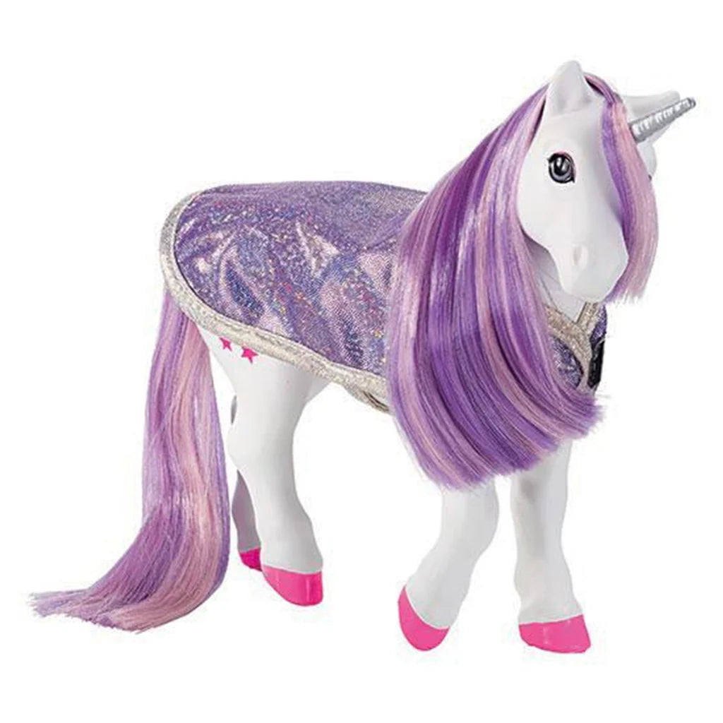 Breyer Activity Luna Bath Time Unicorn. Toy unicorn with purple hair and a glittery saddle on a white background