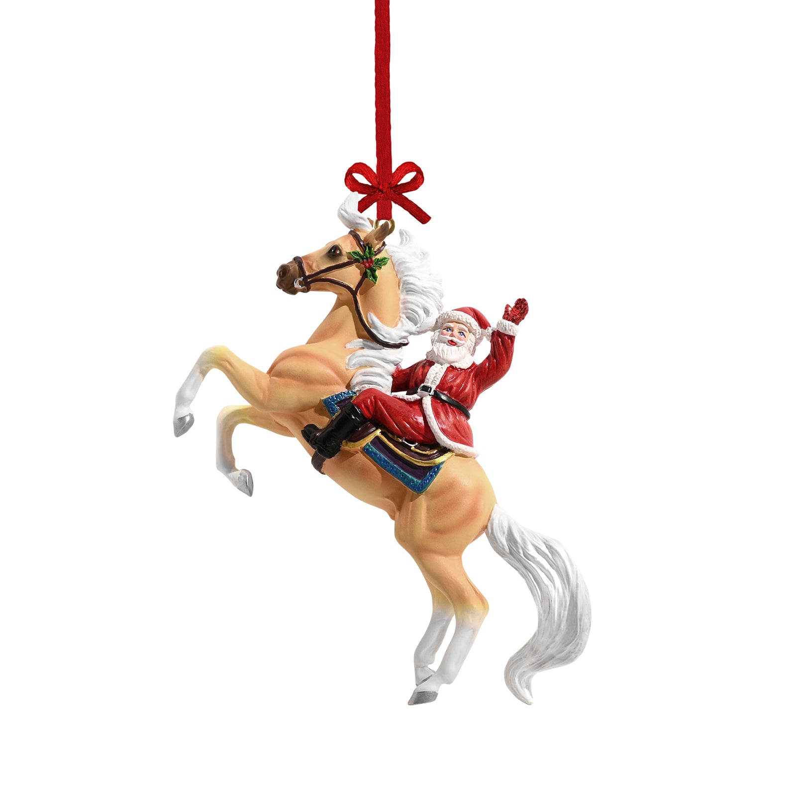 Breyer Stablemates Hi Ho Santa Ornament 2024. A Christmas ornament featuring Santa Claus riding a golden palomino horse, with Santa waving and the horse rearing up on its hind legs. The ornament is hung by a red ribbon.