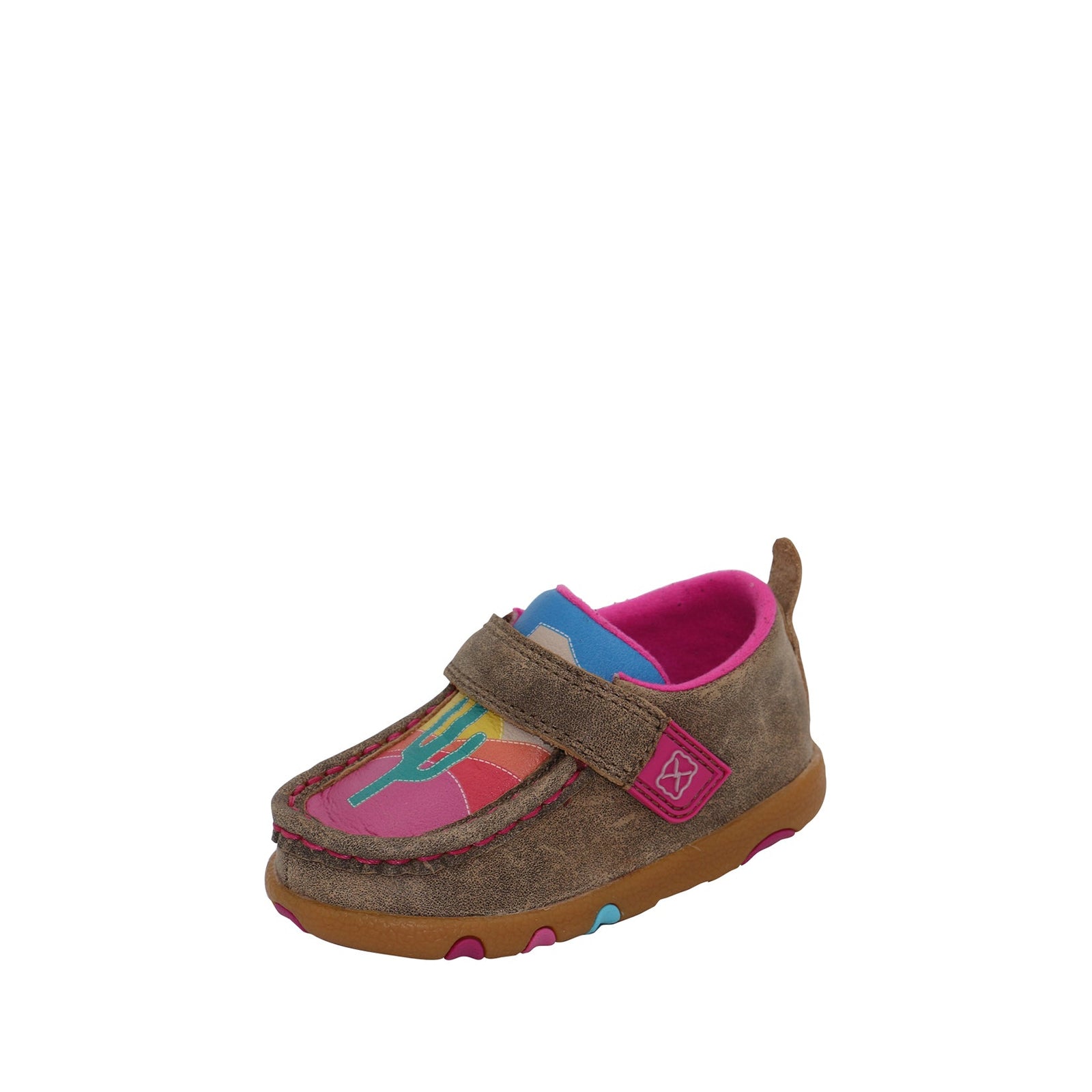 Twisted X Infants Cactus Sky Casual Moc. Children's brown shoe with colorful sole on a white background