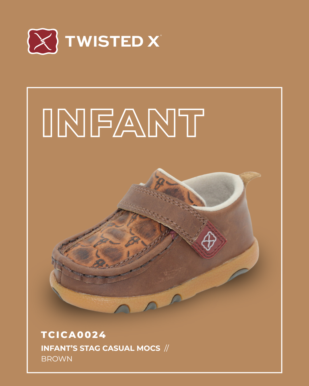 Brown infant shoe with patterned strap on a brown background, featuring the Twisted X brand.