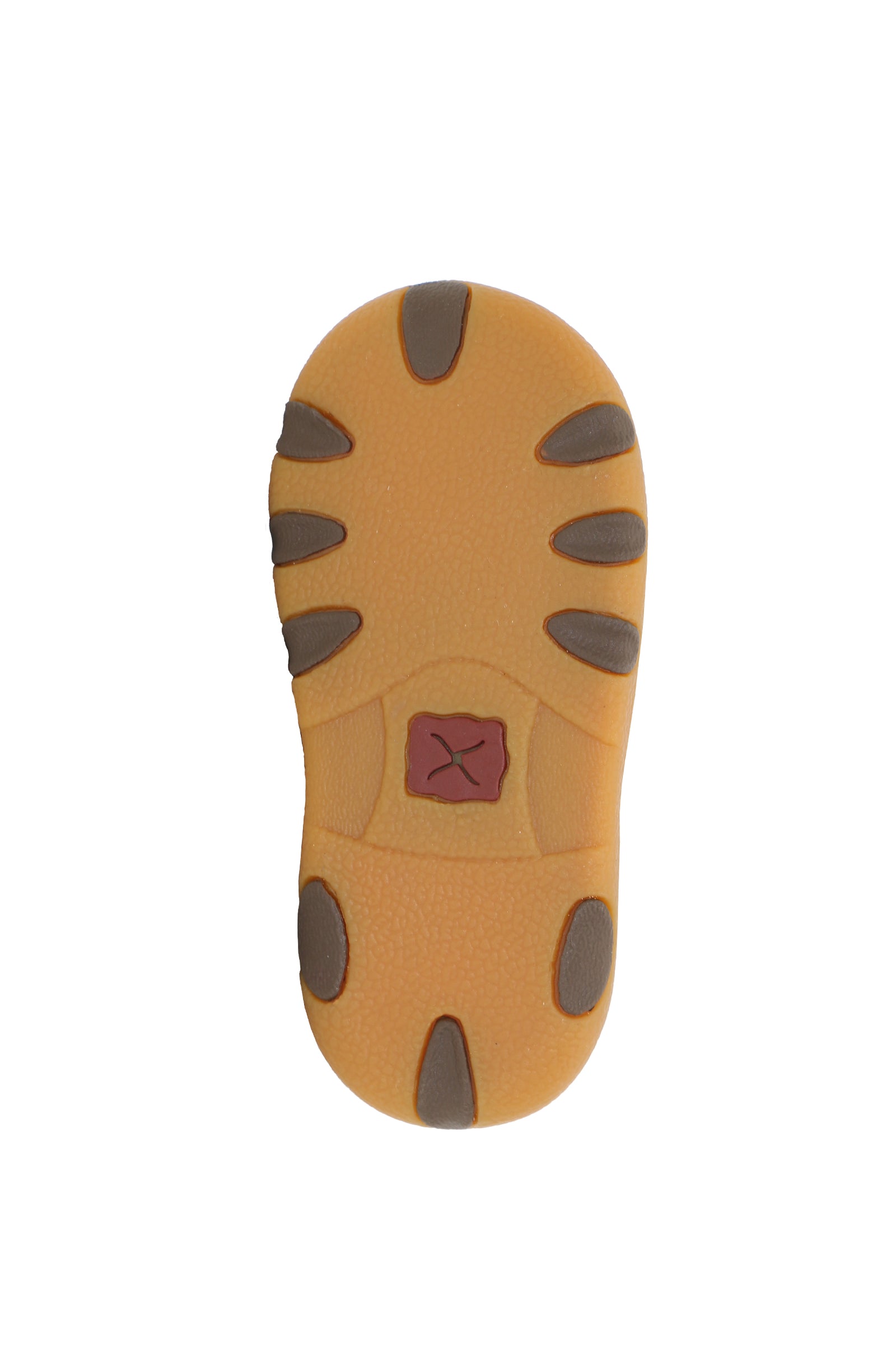 Close-up of a brown shoe sole with a brand logo on a white background
