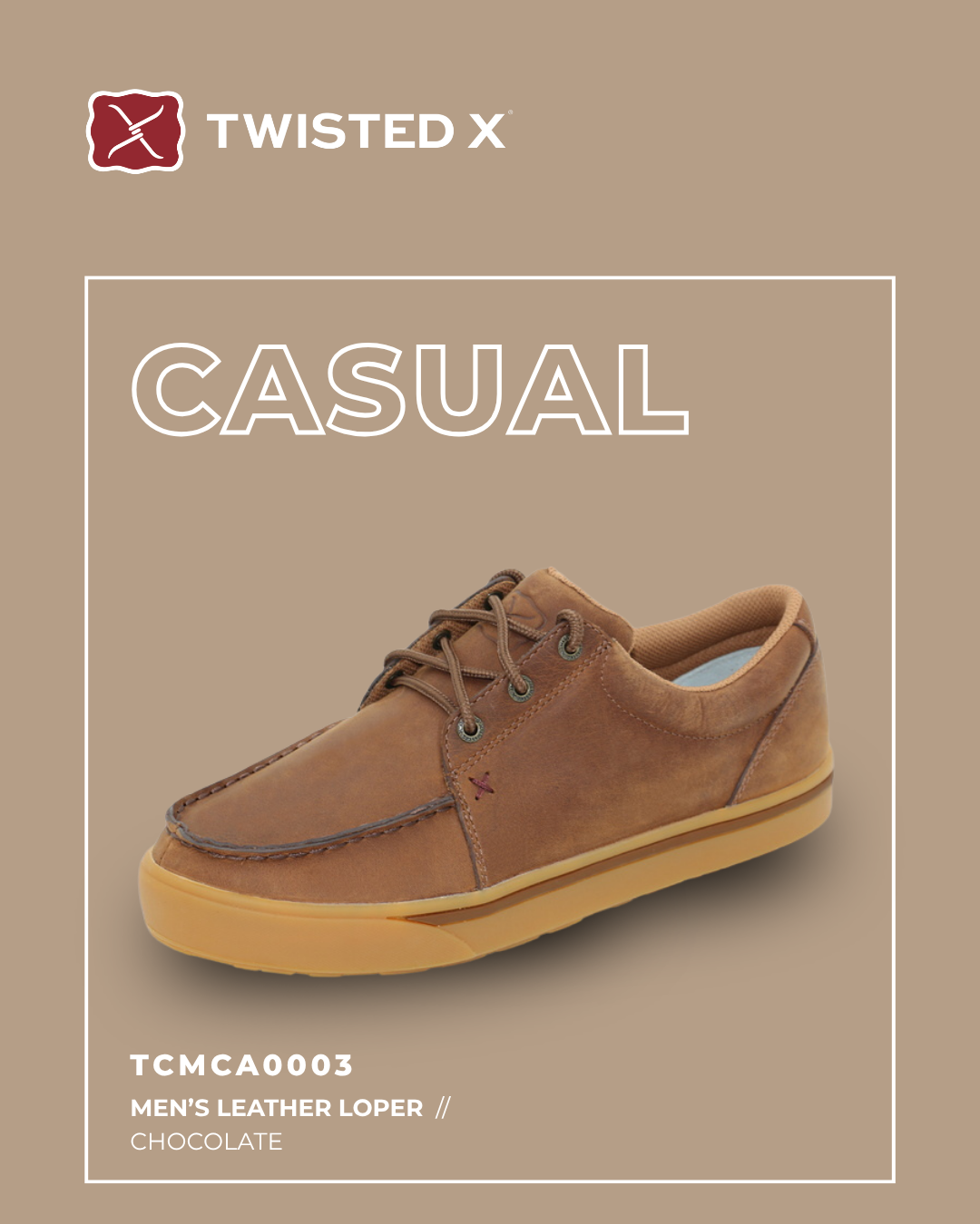 Brown leather loper shoe with 'Twisted X' branding on a beige background