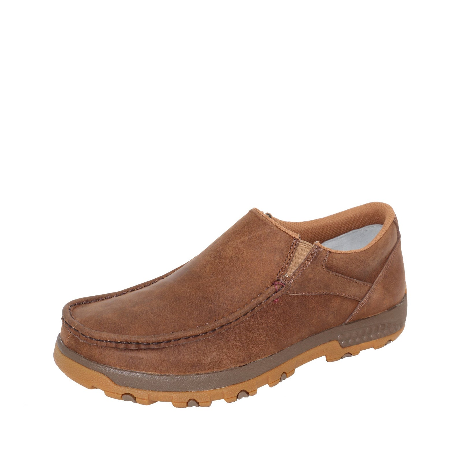 Twisted X Men's Cellstretch Slip On Driving Moc. Brown leather slip-on shoe on a white background