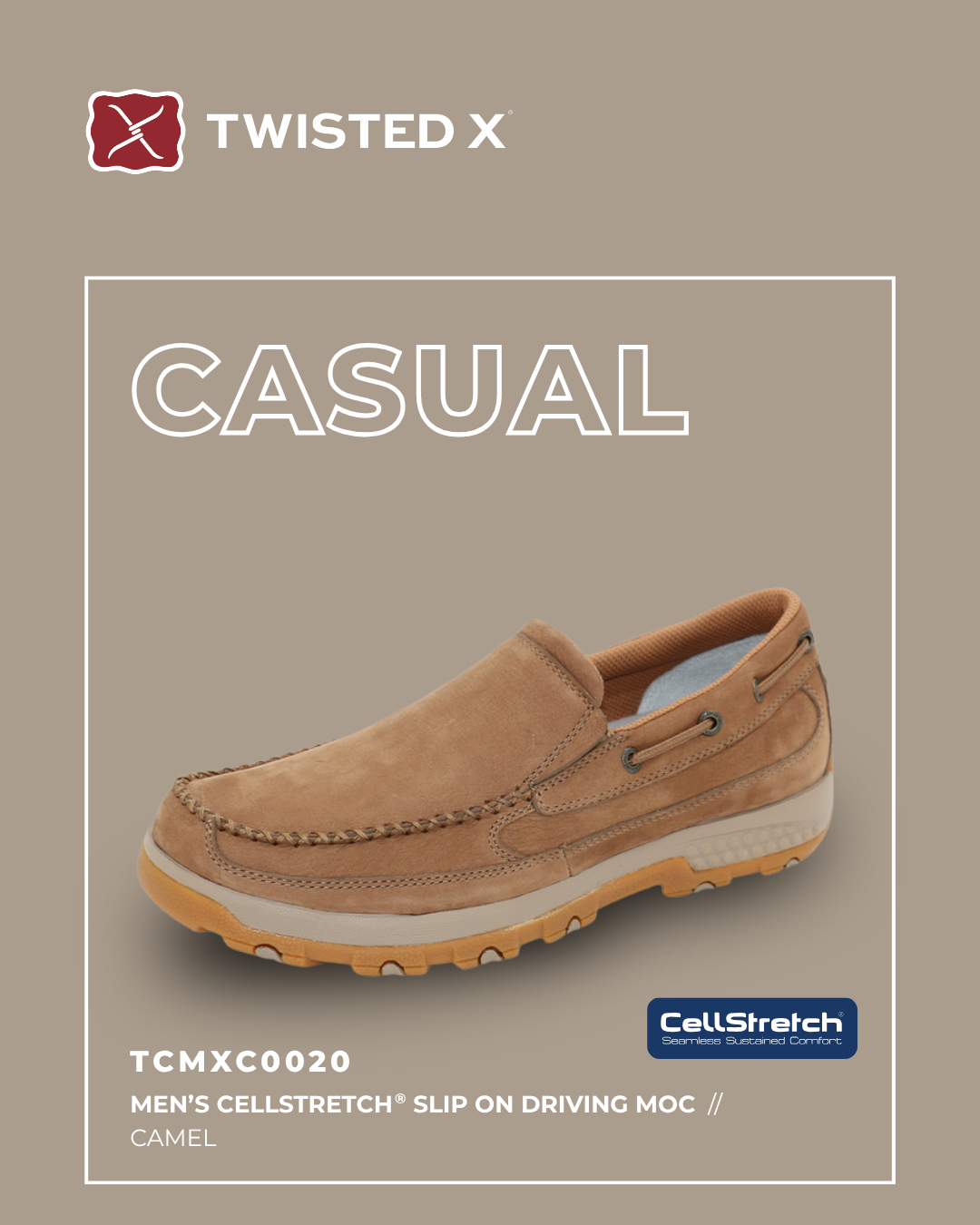 Camel casual shoe with 'Twisted X' branding on a beige background