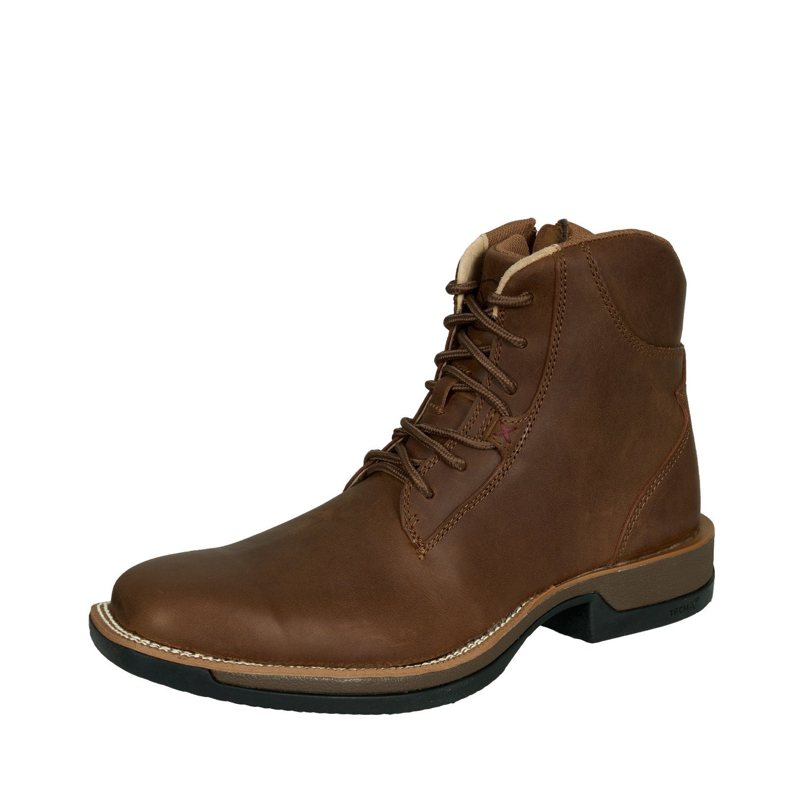 Twisted X Men's 6" Tech X1 Zip Side Western Boot. Brown leather boot on a white background