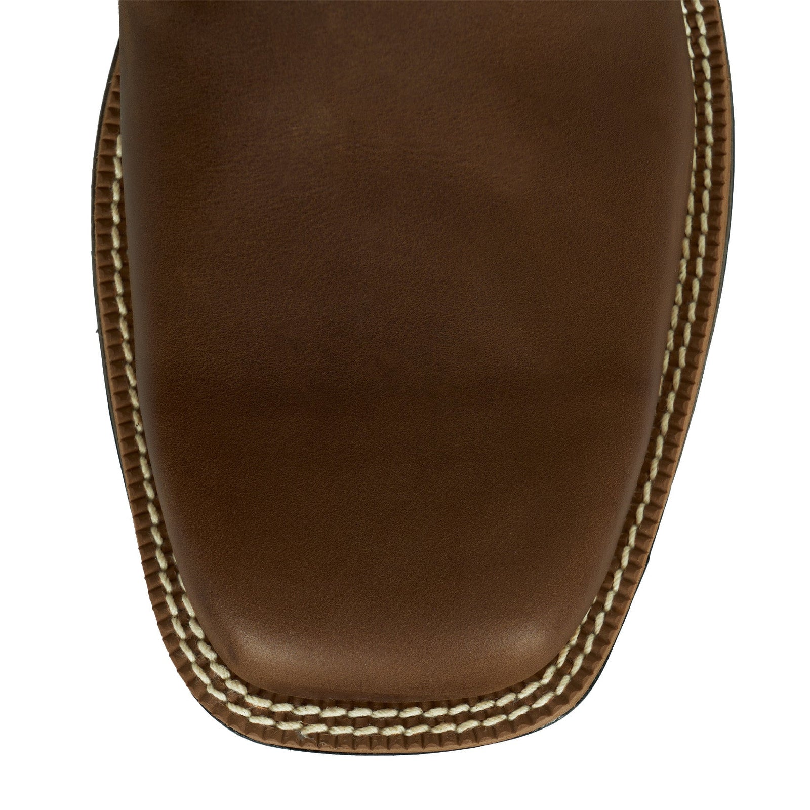 Twisted X Men's 6" Tech X1 Zip Side Western Boot. Close-up of a brown leather shoe sole with visible stitching on a white background