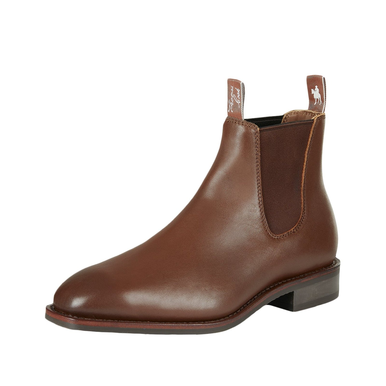 Thomas Cook Men's Trentham Cushion Tech Boot. A brown men's cowboy boot with a rubber sole and a leather upper and lining.