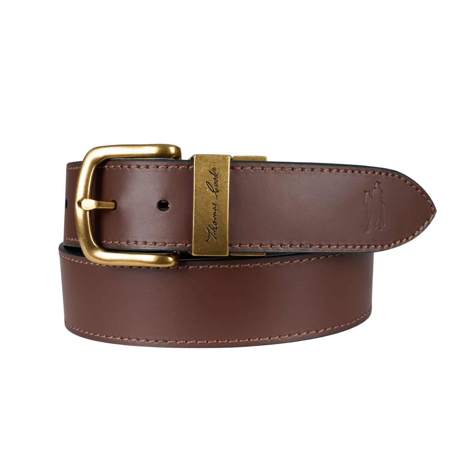 Thomas Cook Men's Lincoln Reversible Belt. Brown leather belt with gold buckle on a white background