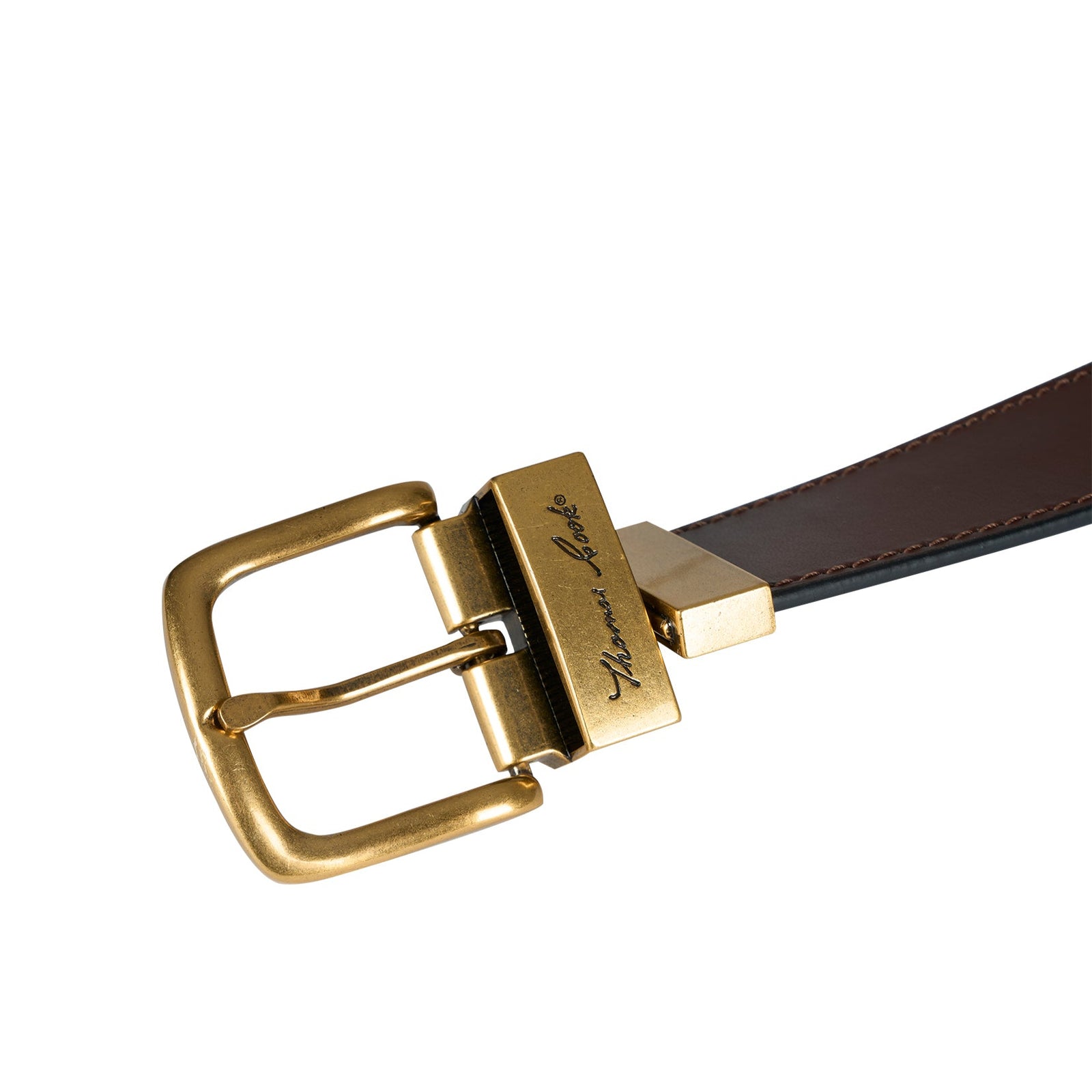 Thomas Cook Men's Lincoln Reversible Belt. Brown belt with gold buckle on a white background