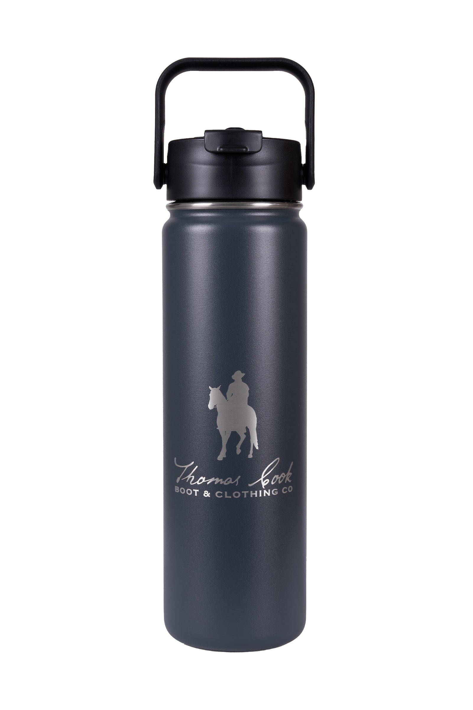 Thomas Cook Medium Drink Bottle. A dark-colored stainless steel drink bottle with a screw top lid and a handle, featuring a logo on the front.