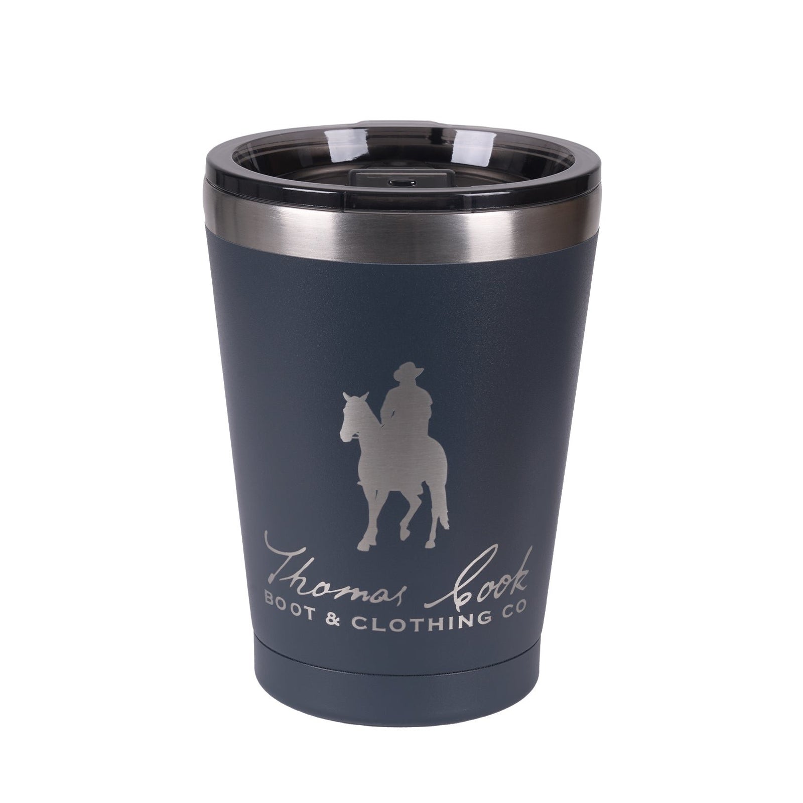 Thomas Cook Insulated Coffee Cup. A navy-colored insulated stainless steel coffee cup with the 'Thomas Cook Boot & Clothing Co' logo printed on it.