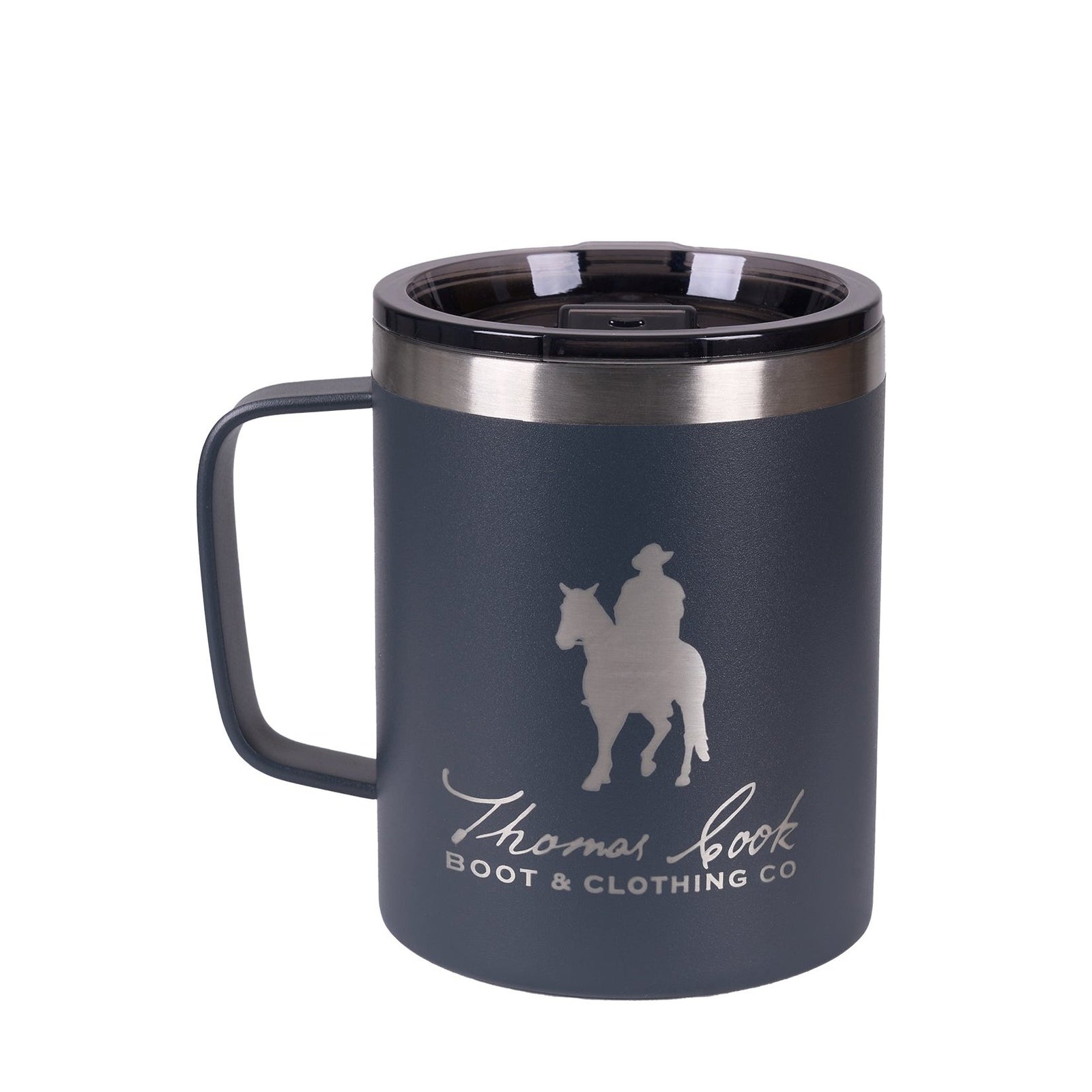 Thomas Cook Insulated Mug. A navy-colored insulated stainless steel mug with a handle, featuring an engraved logo on the side.