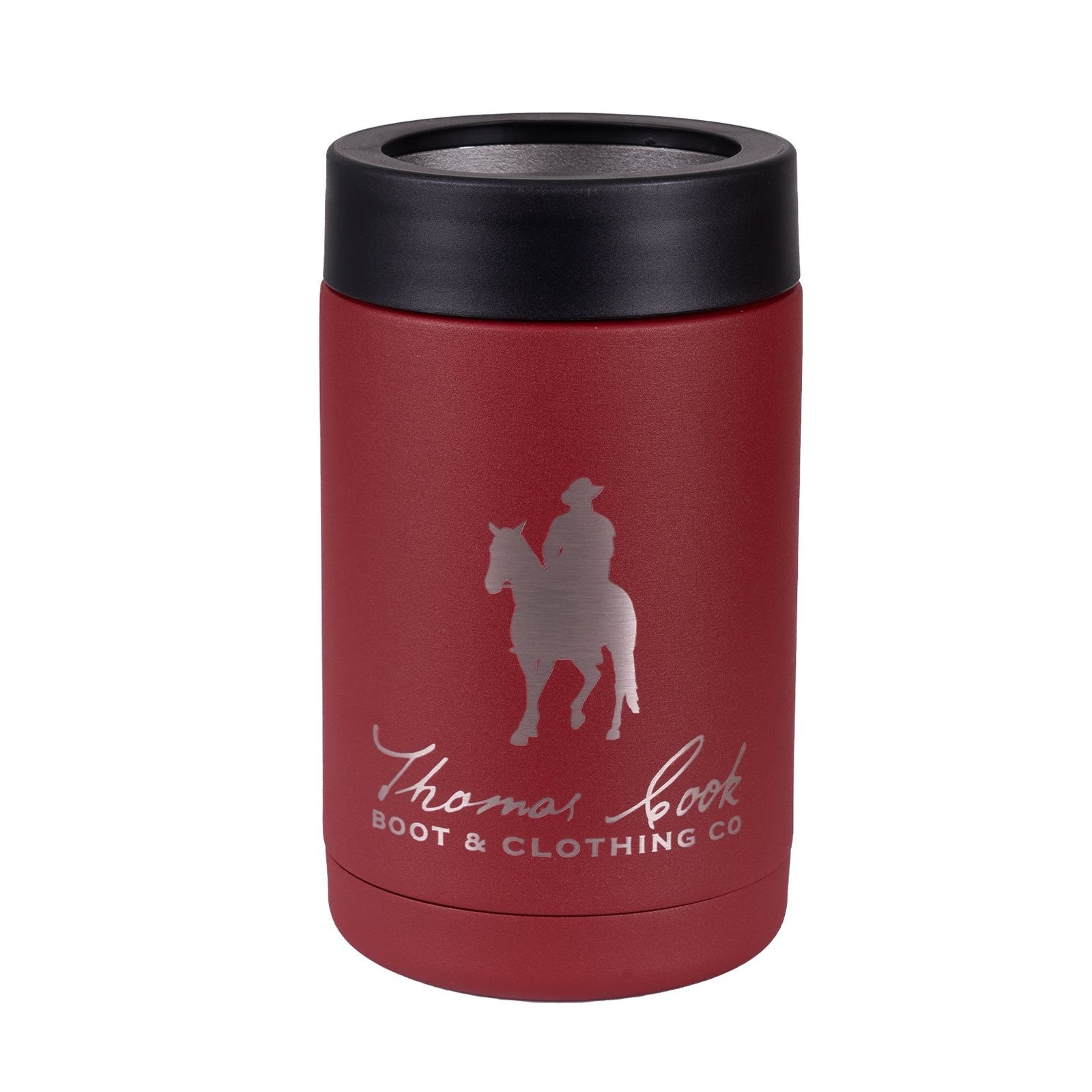 Thomas Cook Insulated Can Cooler. A red stainless steel insulated can cooler with a logo of Thomas Cook Boot & Clothing Co.