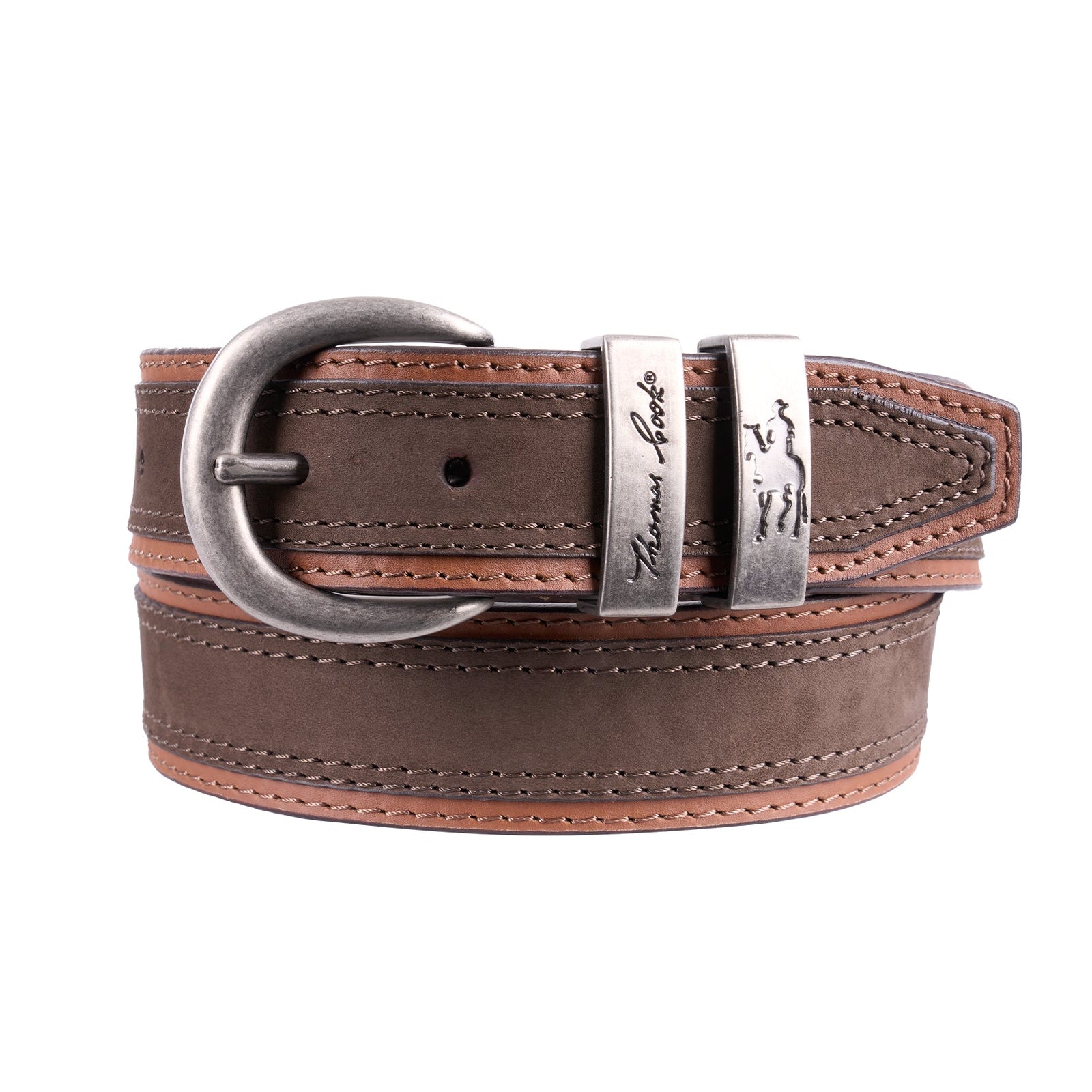 A brown leather belt with a silver-tone buckle and metal keeper, featuring stitched edges and engraved branding on the metal, shown on a plain white background.