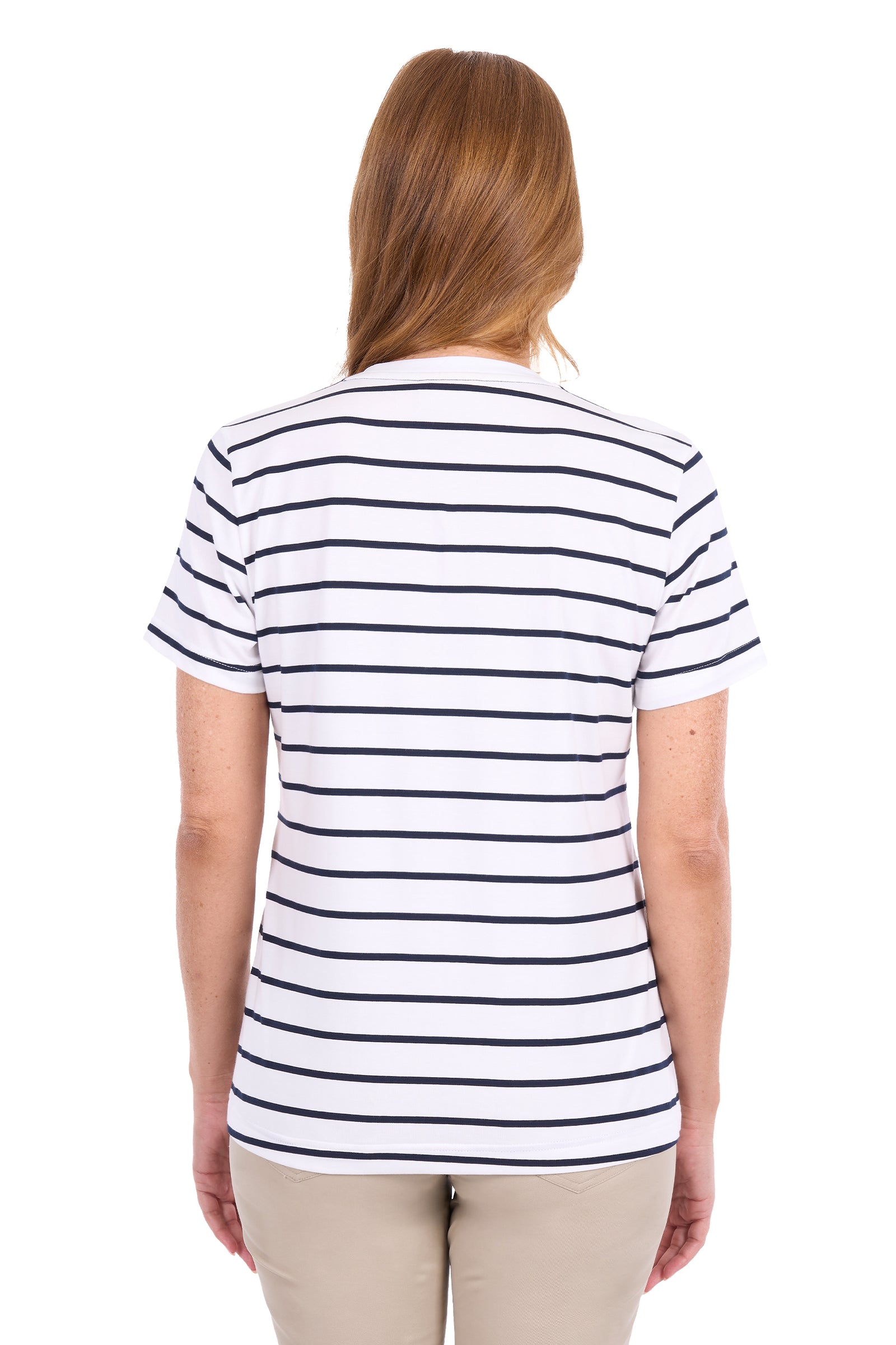 A woman viewed from the back wearing a white short-sleeve t-shirt with thin horizontal navy blue stripes, paired with beige pants, against a plain white background.