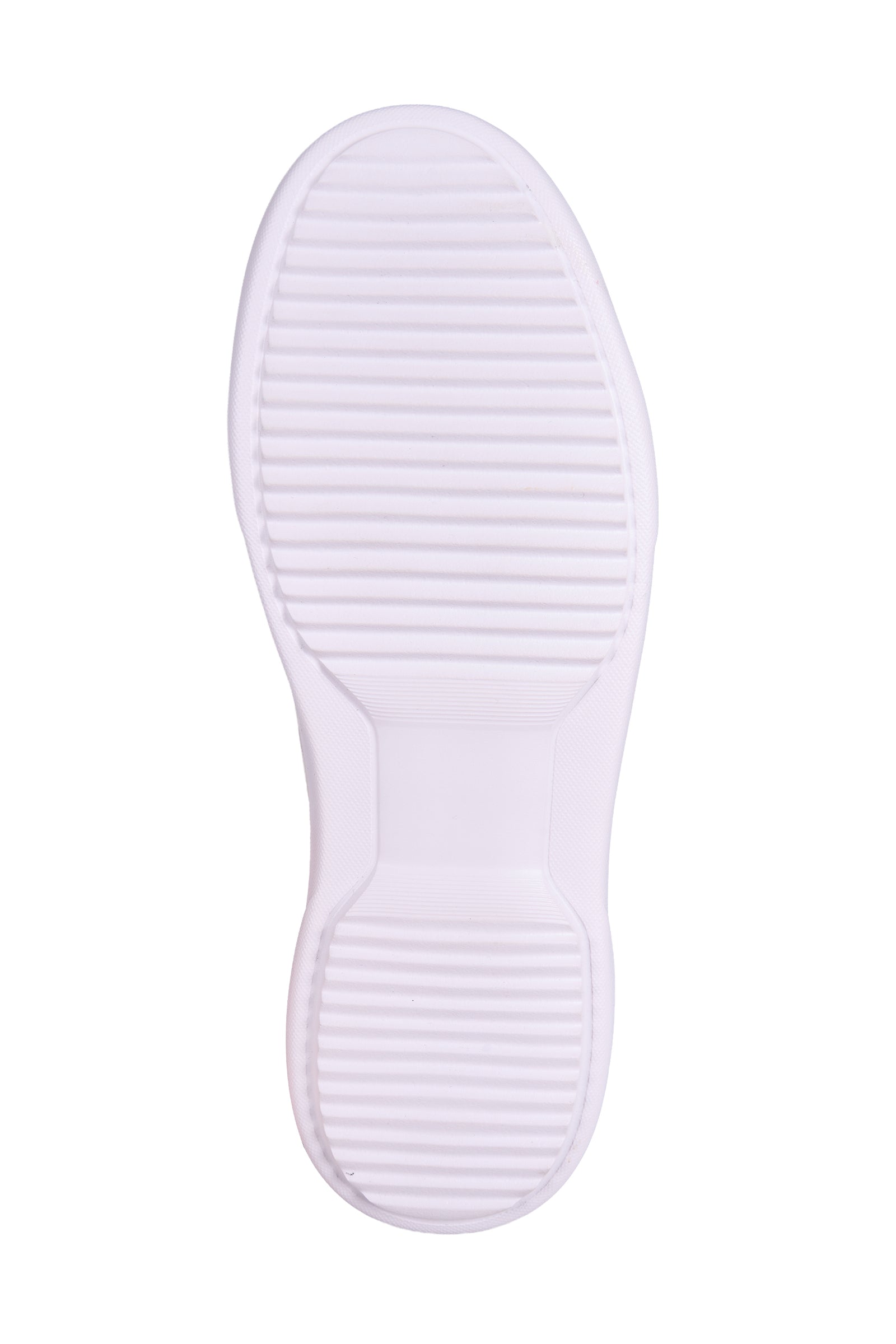 A single white shoe sole with horizontal grooved tread patterns, shown from a top-down view on a solid white background.