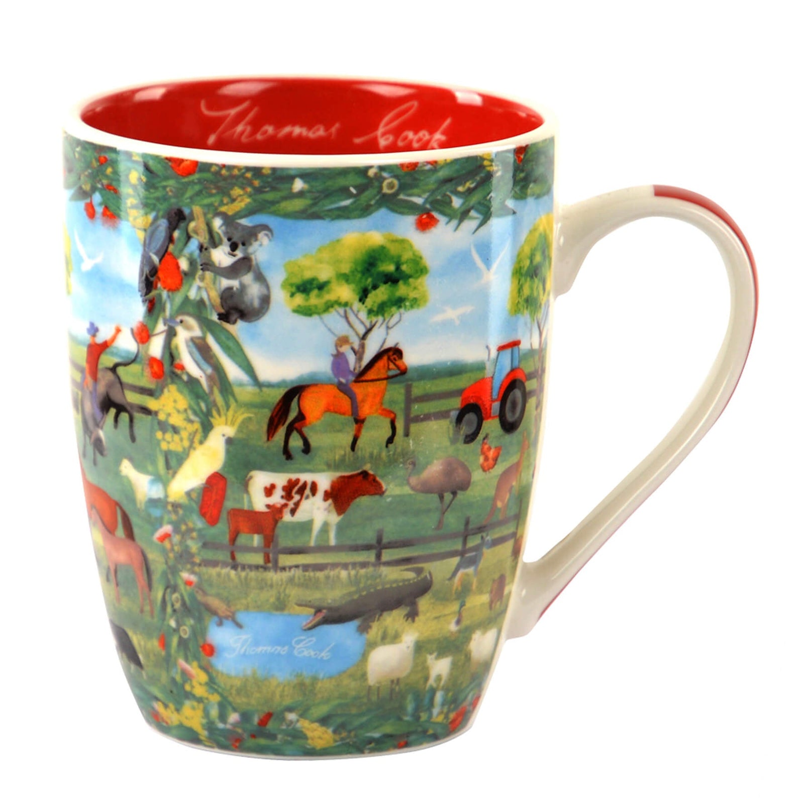Thomas Cook Farm Friends Mug. A ceramic mug with colorful farm animal illustrations and a farm landscape scene.