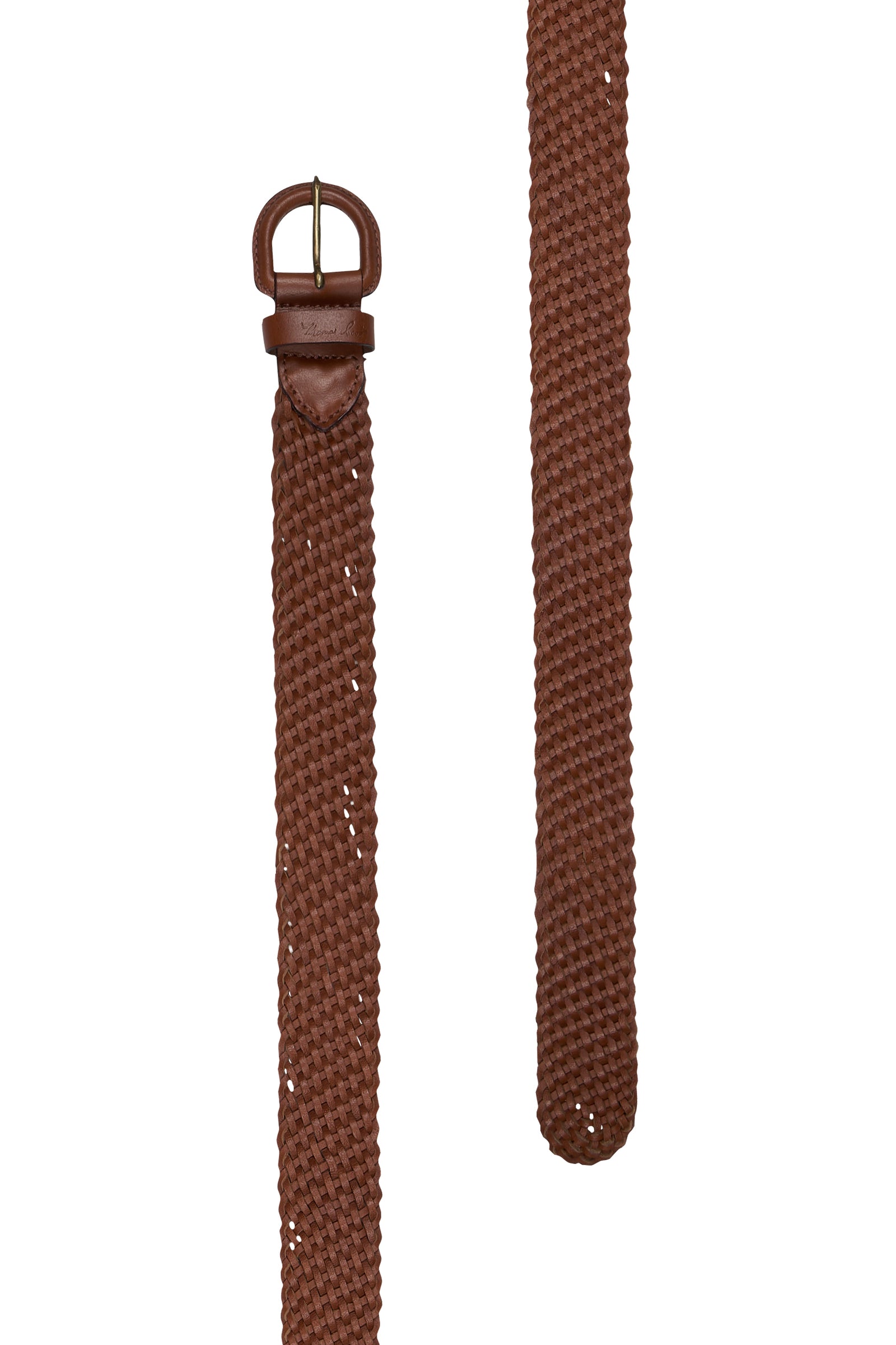 Brown braided belt with a buckle on a white background