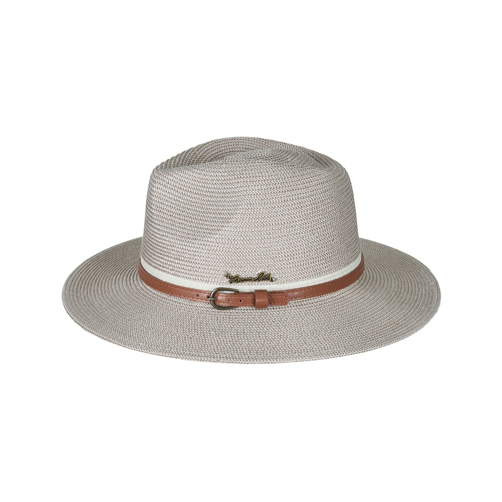 Thomas Cook Hampton Hat. Beige straw hat with a brown belt on a white background