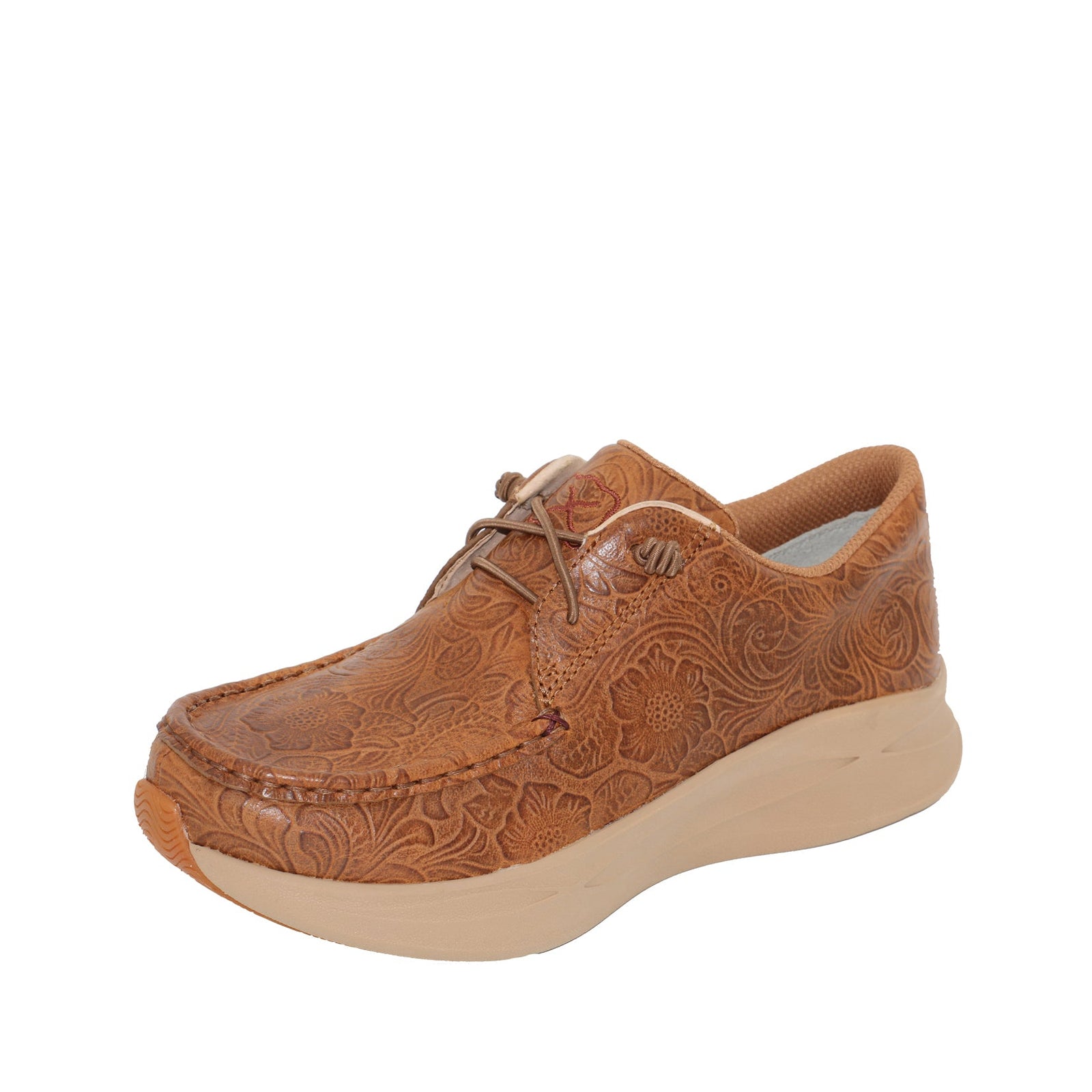 Twisted X Women's Ultralite X Casual. Brown leather shoe with embossed design on a white background