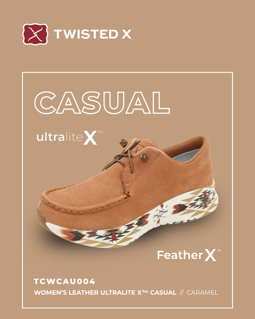 Brown casual shoe with patterned sole on a beige background, featuring Twisted X branding.