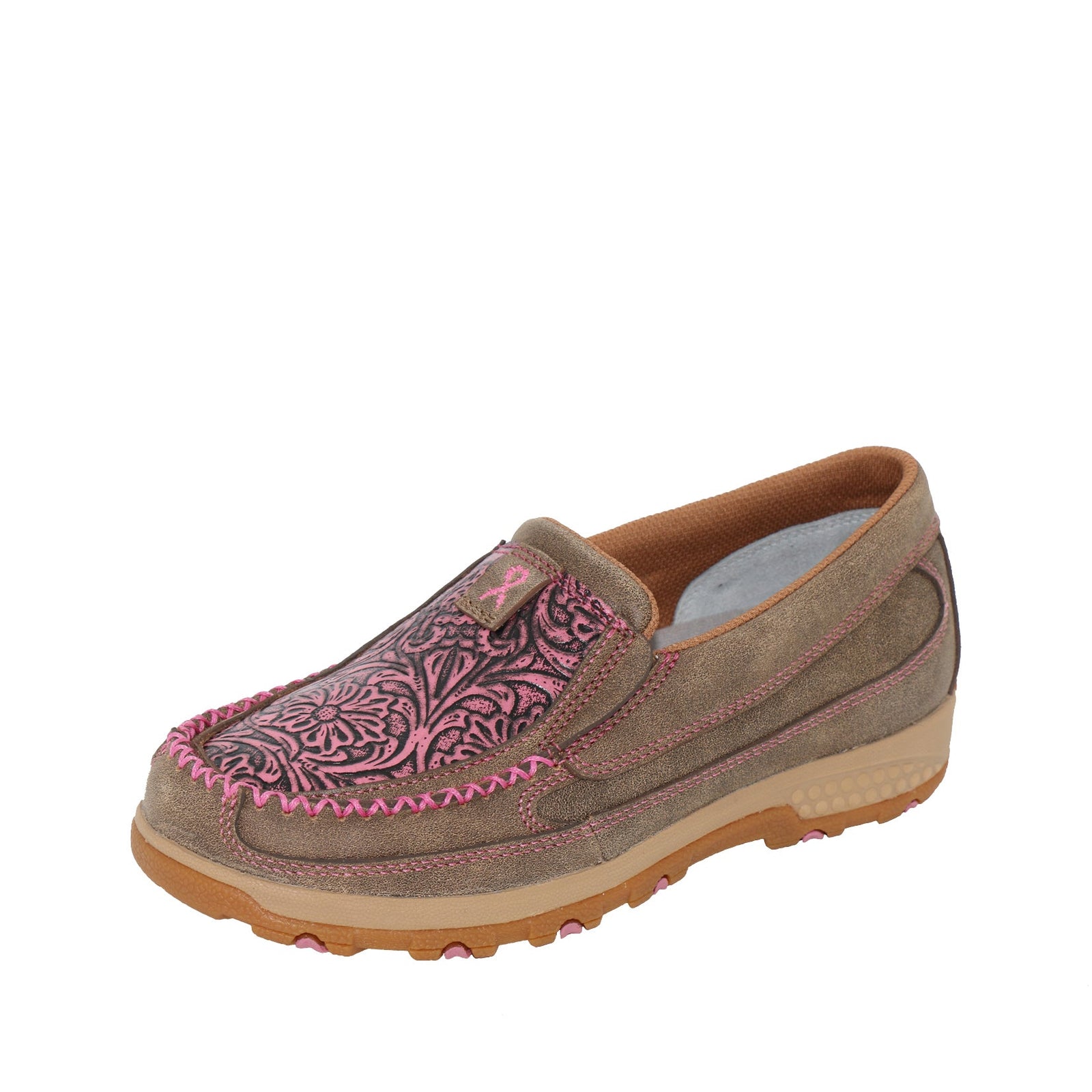 Twisted X Women's Tooled Pink CellStretch Mocs Slip On. Brown slip-on shoe with pink floral pattern on a white background