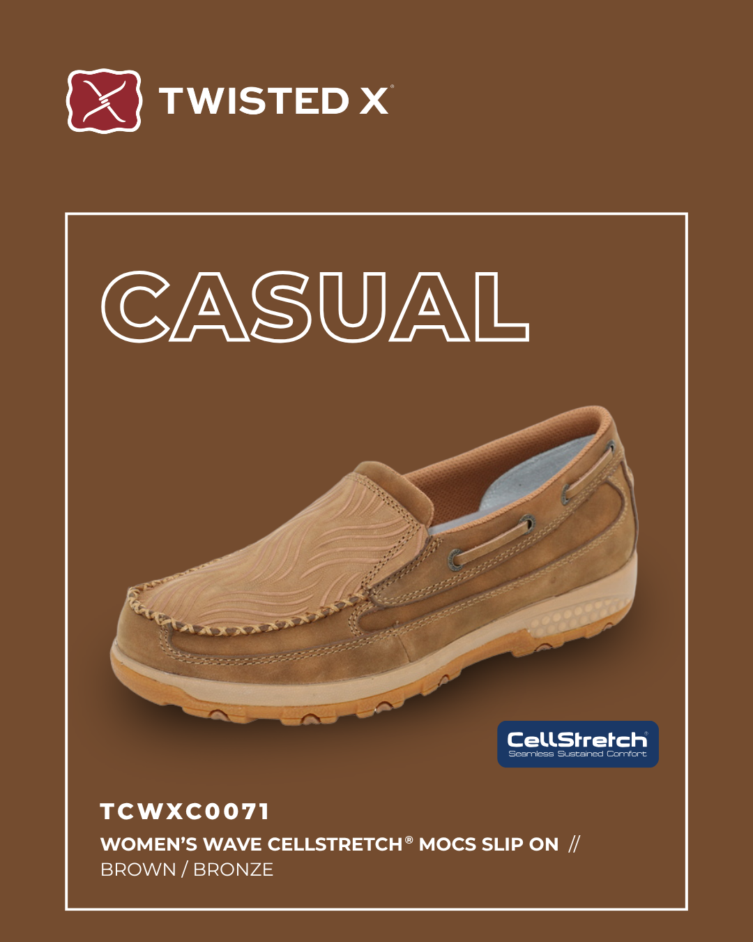 Brown loafer shoe with 'Twisted X' branding on a brown background