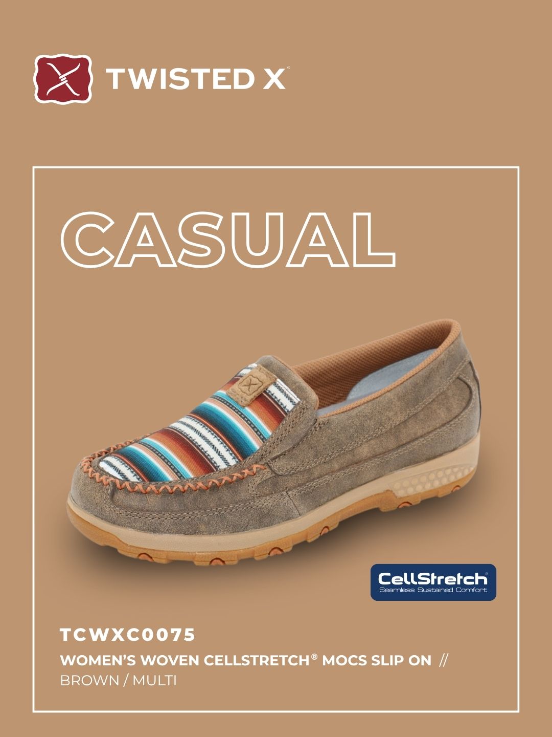 Brown casual shoe with striped pattern on a beige background, featuring Twisted X brand.