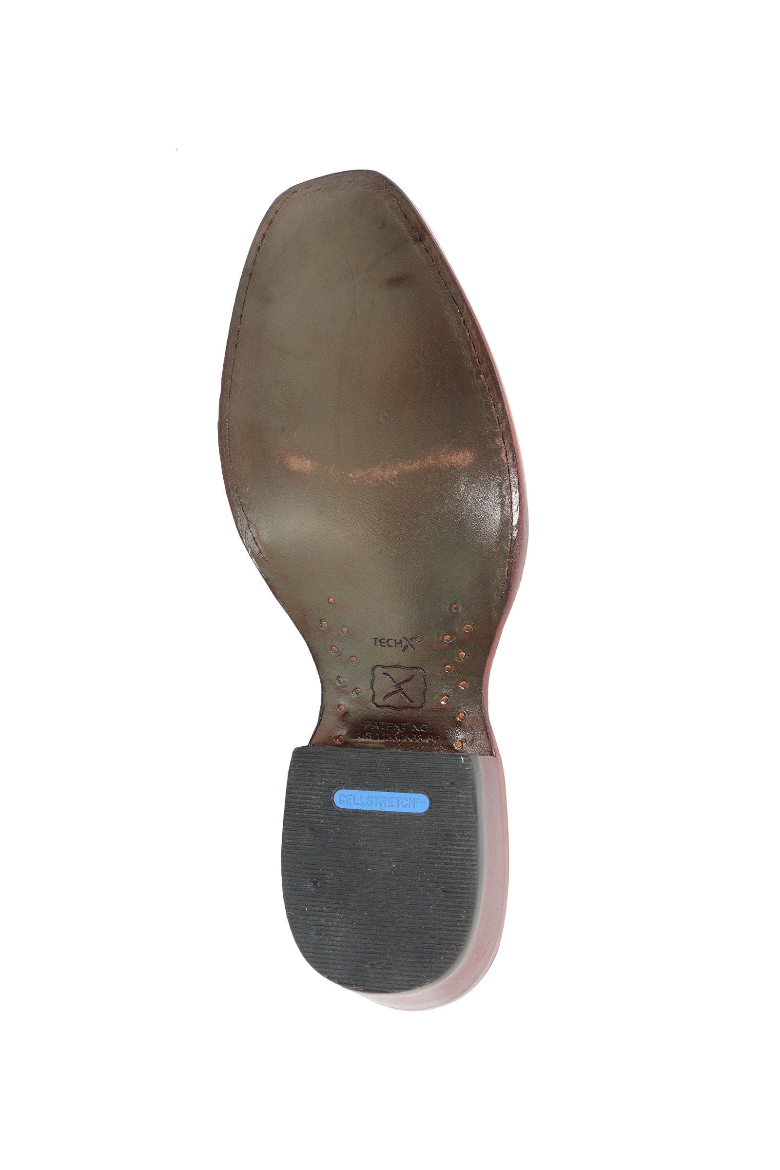 Shoe sole with a blue label on a white background