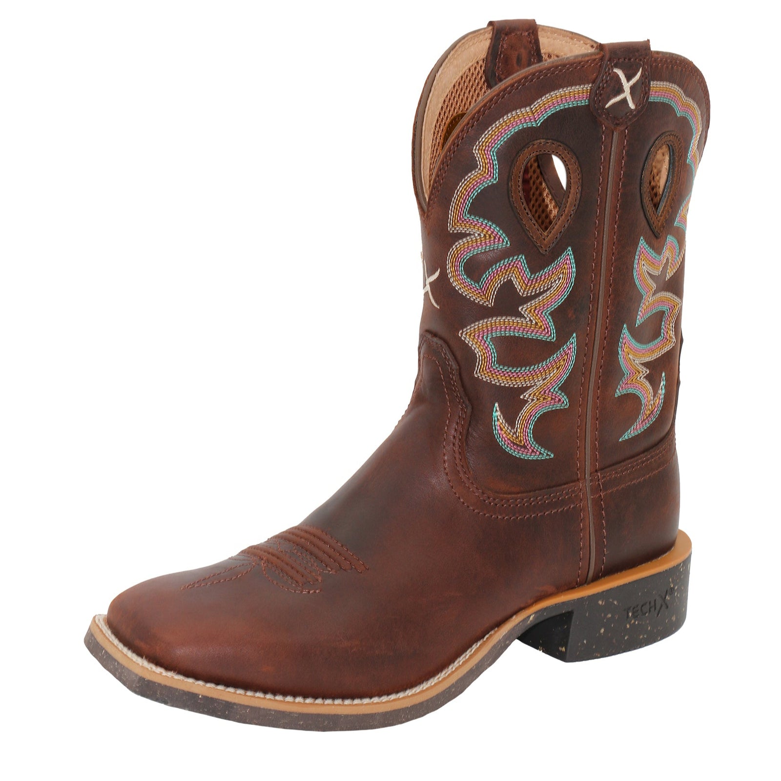 Twisted X Women's 9" Tech X2 Western Boot. Women's Twisted X Western boot with a brown full-grain leather vamp, decorated with a star and bandana pattern on the shaft, and a low heel.