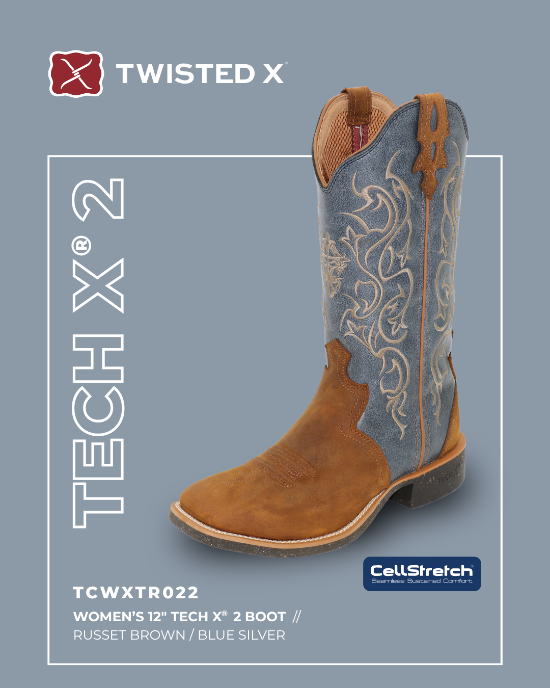 Brown and blue silver cowboy boot with 'Twisted X' branding on a gray background