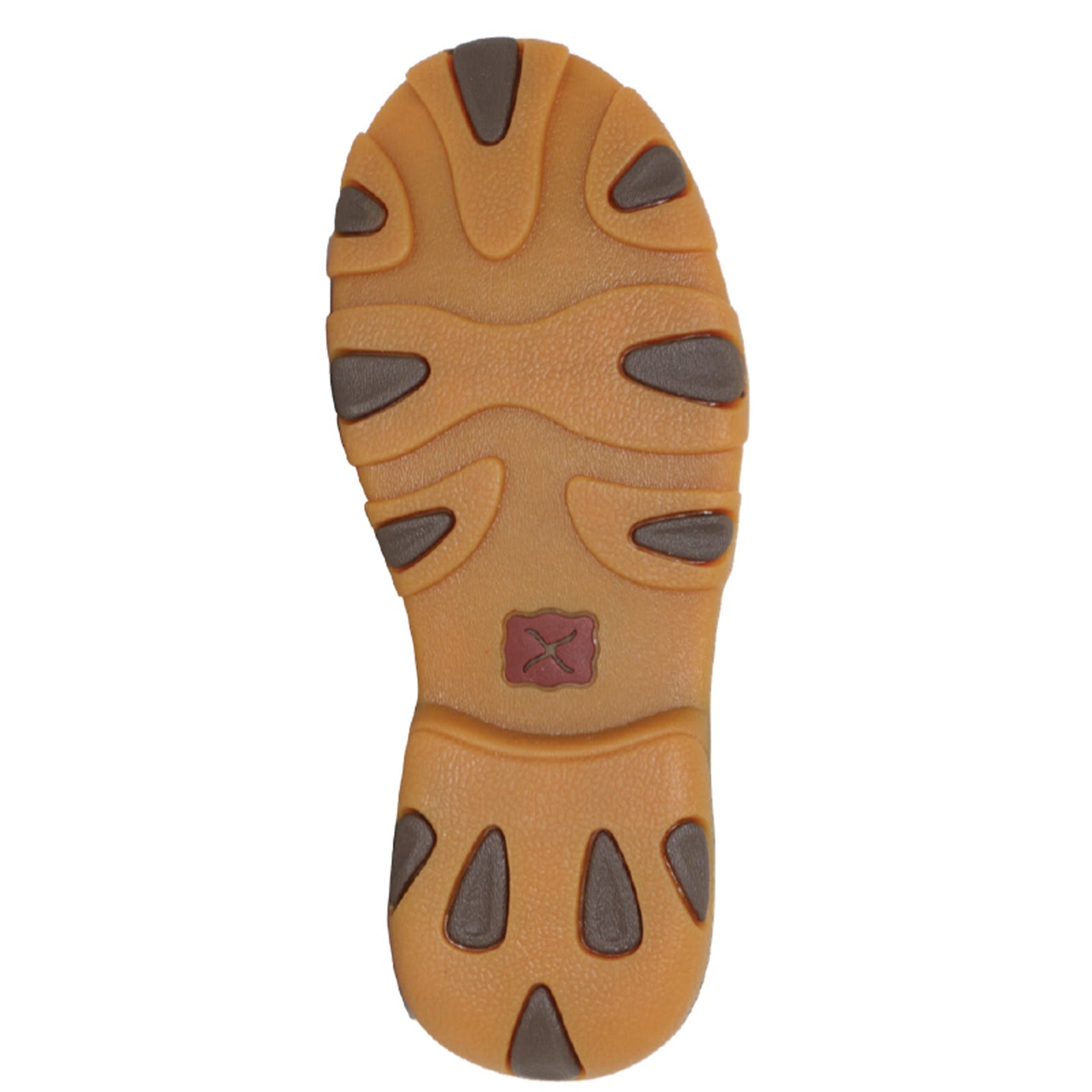Twisted X Kids Casual Mocs. Brown shoe sole with a brand logo on a white background