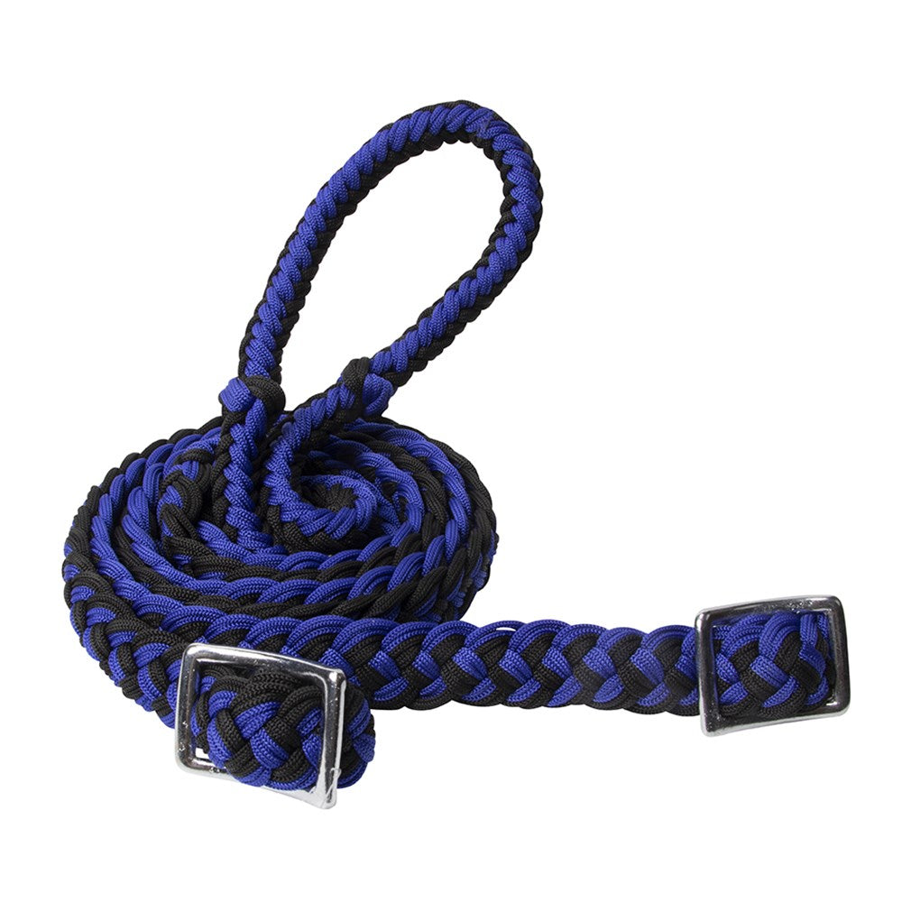Texas-Tack Braided Poly Barrel Rein. A braided poly barrel rein in blue and black color combinations with buckle ends and easy grip knots.