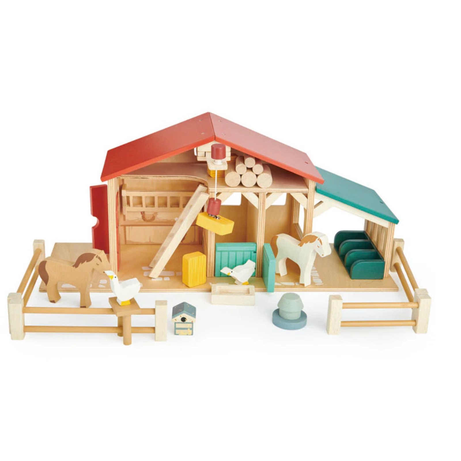 Kaleidoscope Tender Leaf Farm. Wooden toy farm set with barn, animals, and accessories on a white background