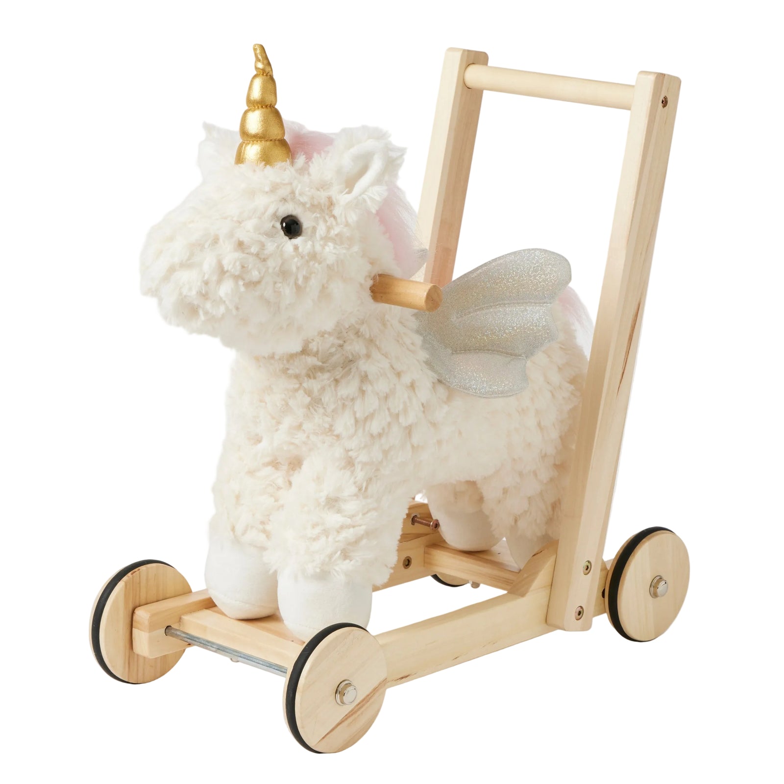 Jiggle & Giggle Unicorn Walker. Plush unicorn toy with wooden wheels and handle on a white background