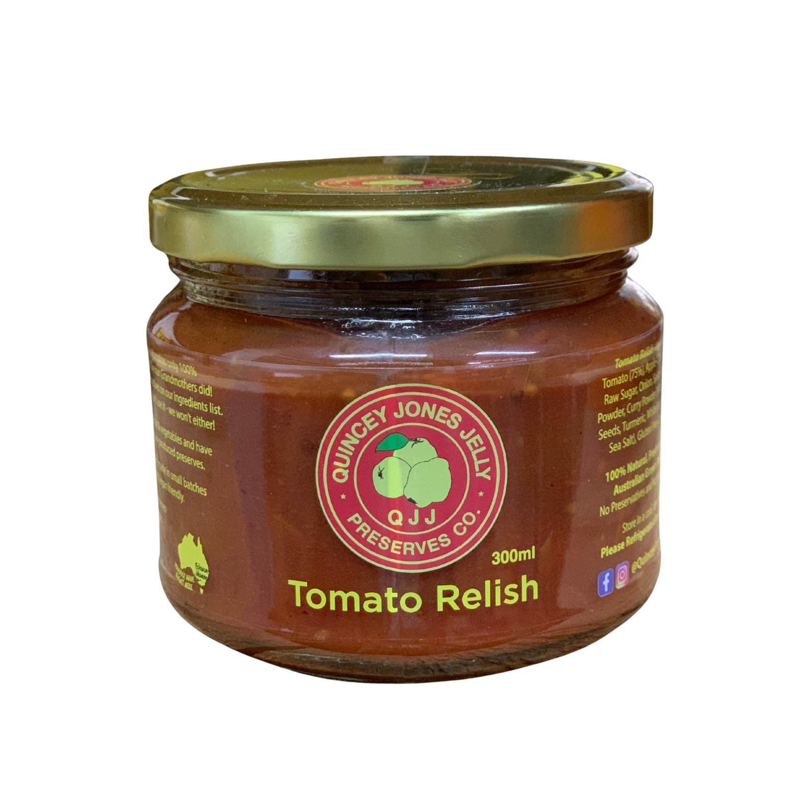 Quincey Jones 300ml Tomato Relish. Jar of Tomato Relish with Quincy Jones Jelly Preserve Co. label on a white background
