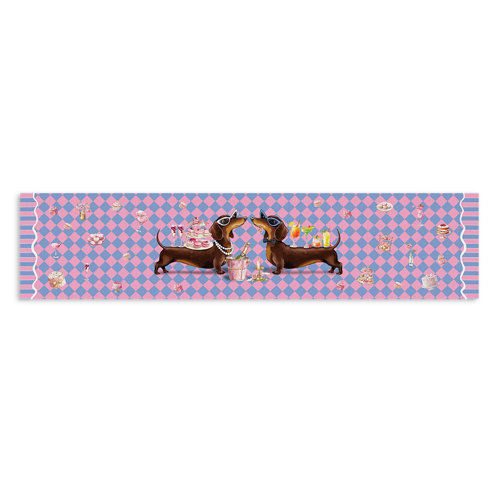 Two dachshunds holding hands on a pink and blue checkered background with cartoon food items.