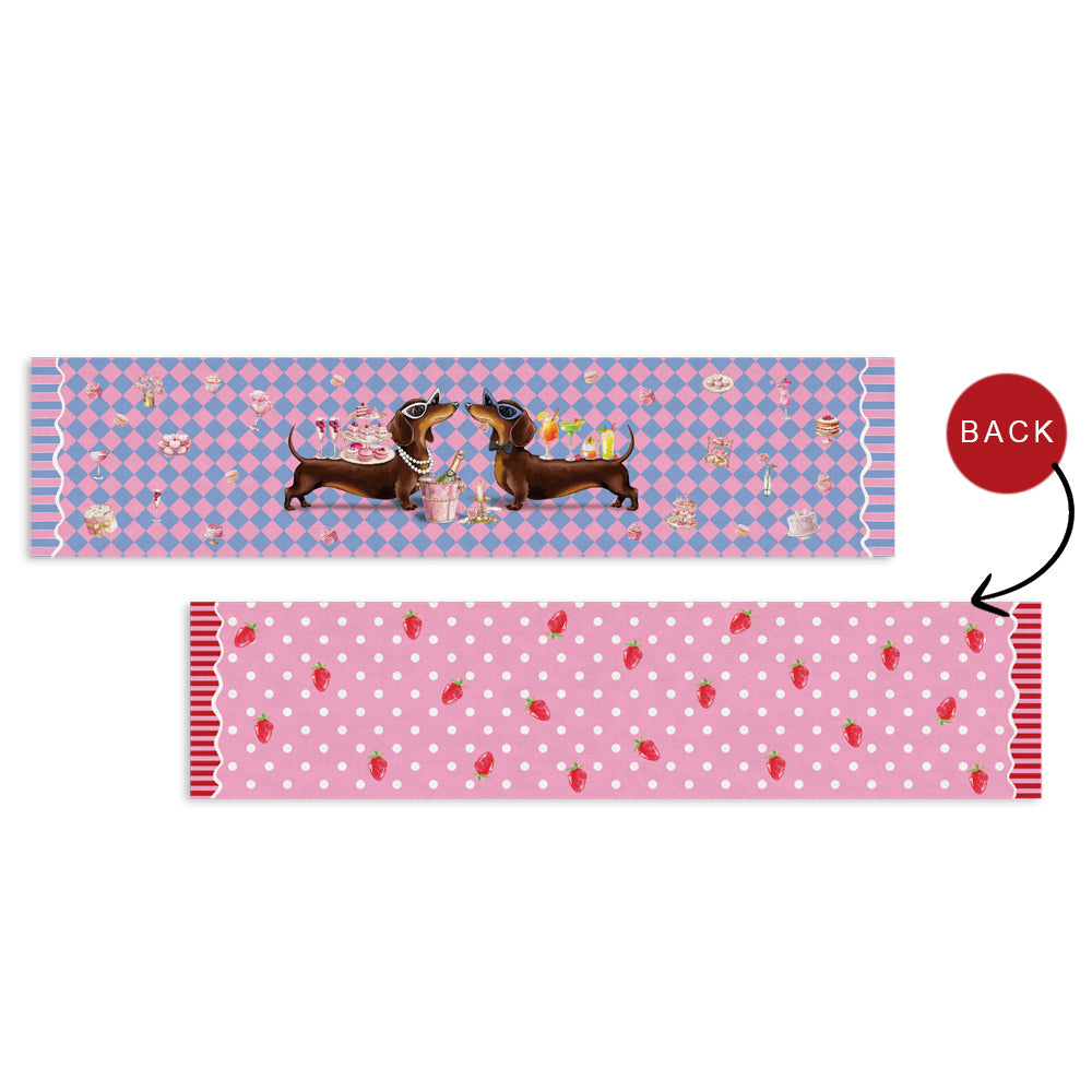 Two different designs of a product with a pink and blue pattern on the top and a pink polka dot pattern on the bottom.