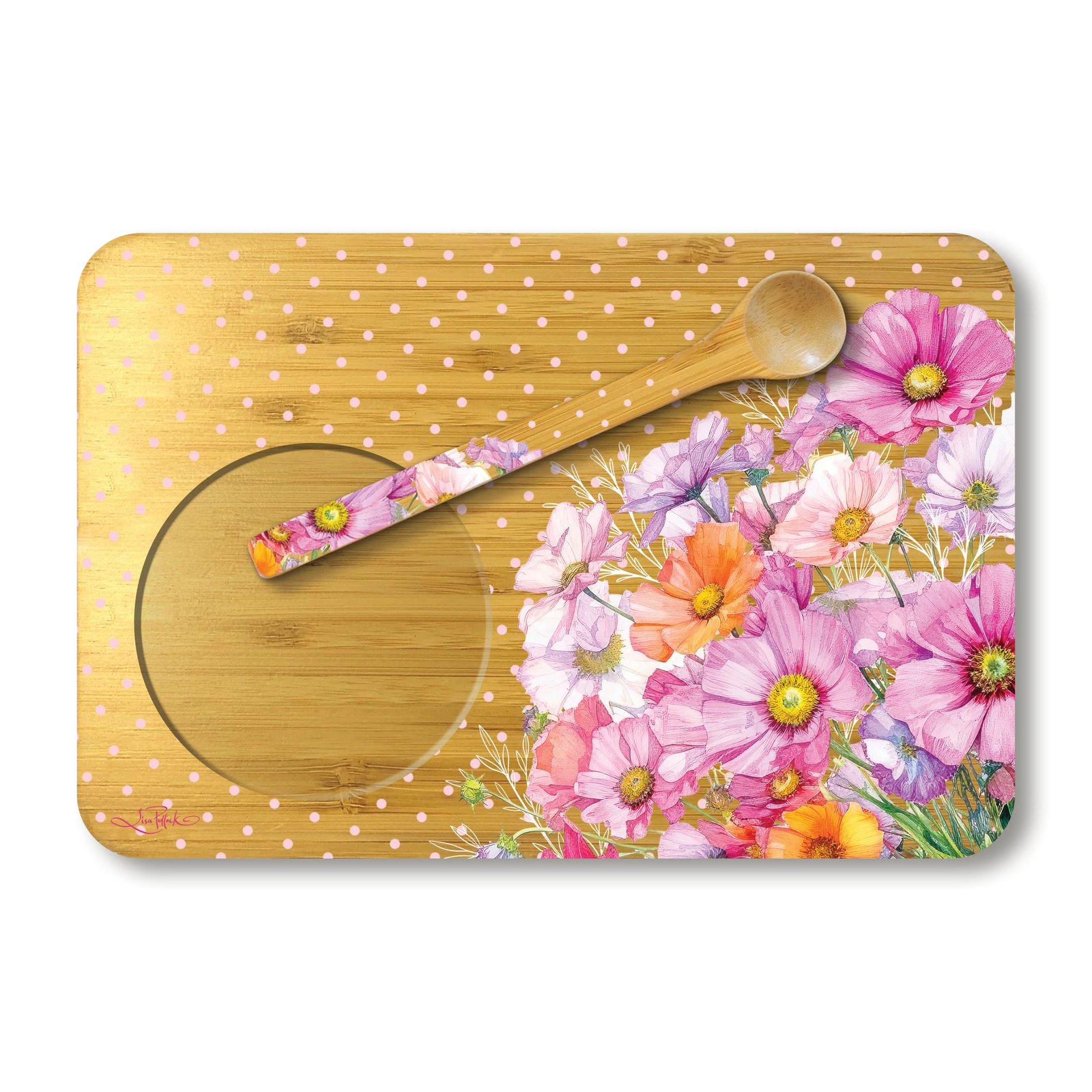 Lisa Pollock Wistful Wildflowers Tea Time Tray. Bamboo cutting board with floral design and polka dot pattern on a white background