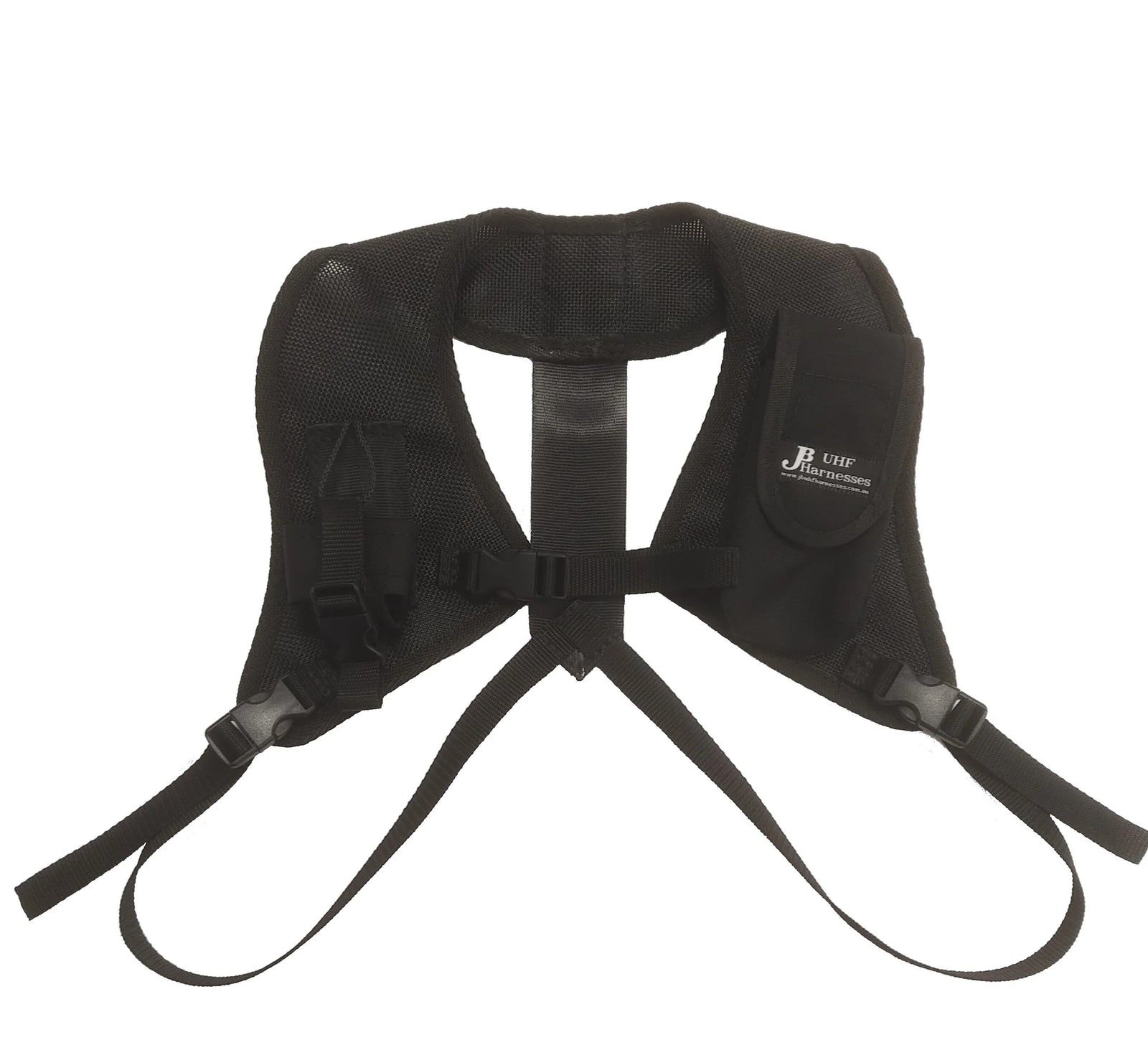 JB UHF Harnesses Double Shoulder Harness GME. Black life jacket with straps on a white background