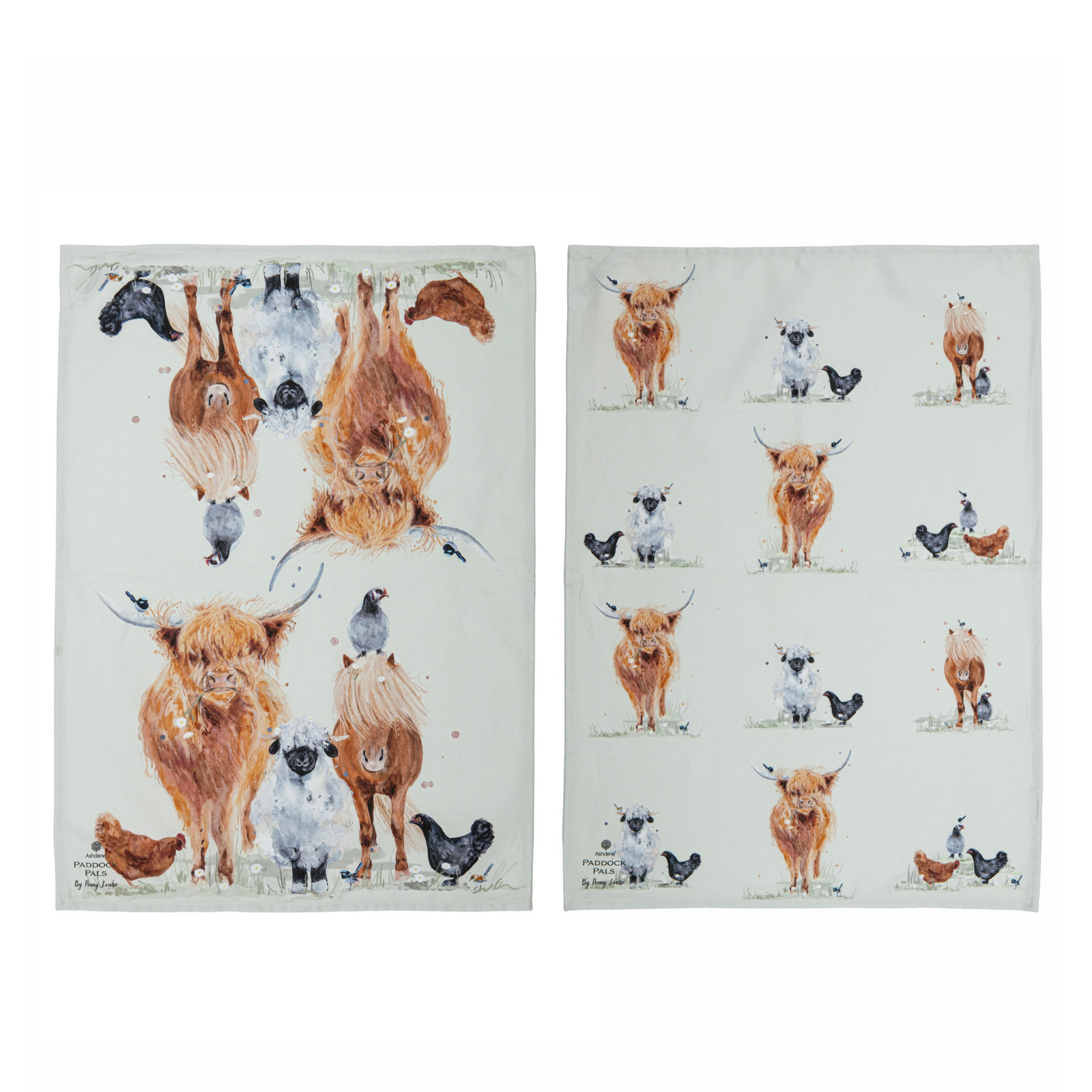 Two rectangular tea towels with a watercolor-style farm illustration print, shown side by side on a plain white background. The left towel features large Highland cows, sheep, chickens, and birds, while the right towel shows a repeating grid of smaller versions of the same animal illustrations.