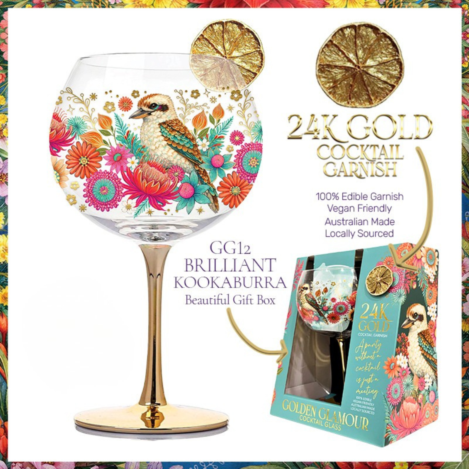 A decorative cocktail glass with a colorful kookaburra and floral print, shown alongside its branded gift box and two gold garnish slices on a white background with product text.